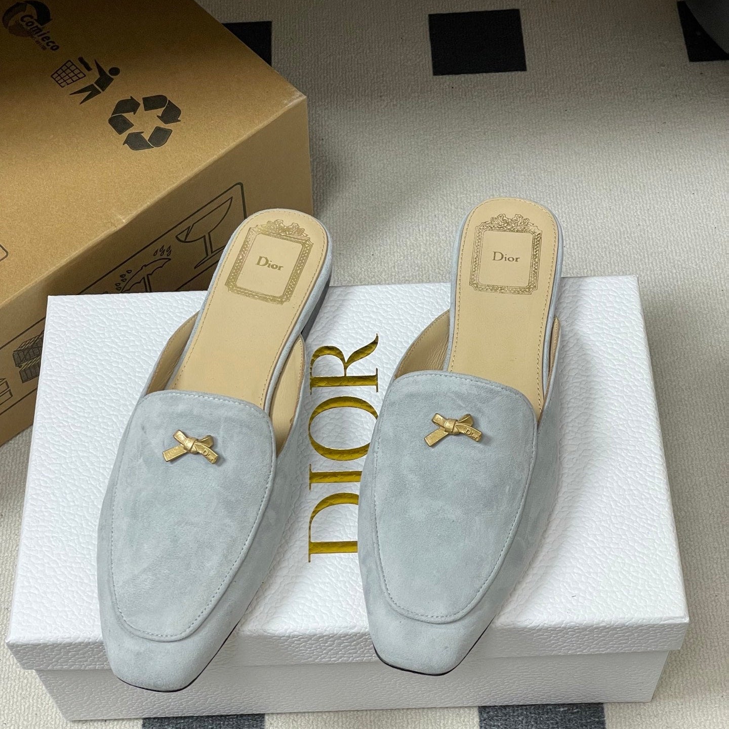 CD 26 Bow Mules Baby Blue Beige Suede Cowhide 632593