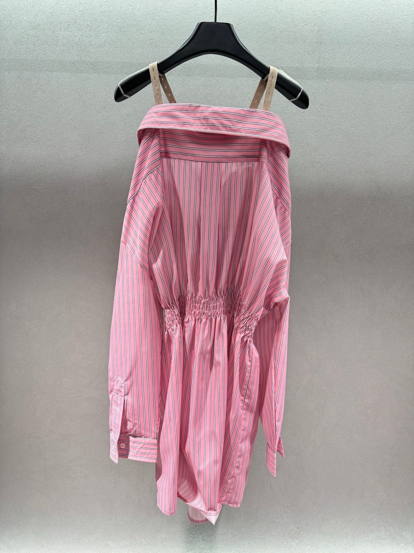 Miumiu 2026 Off-the-shoulder Striped Shirt Dress Pink Cotton