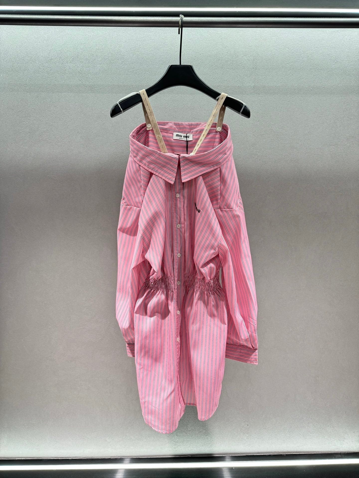 Miumiu 2026 Off-the-shoulder Striped Shirt Dress Pink Cotton