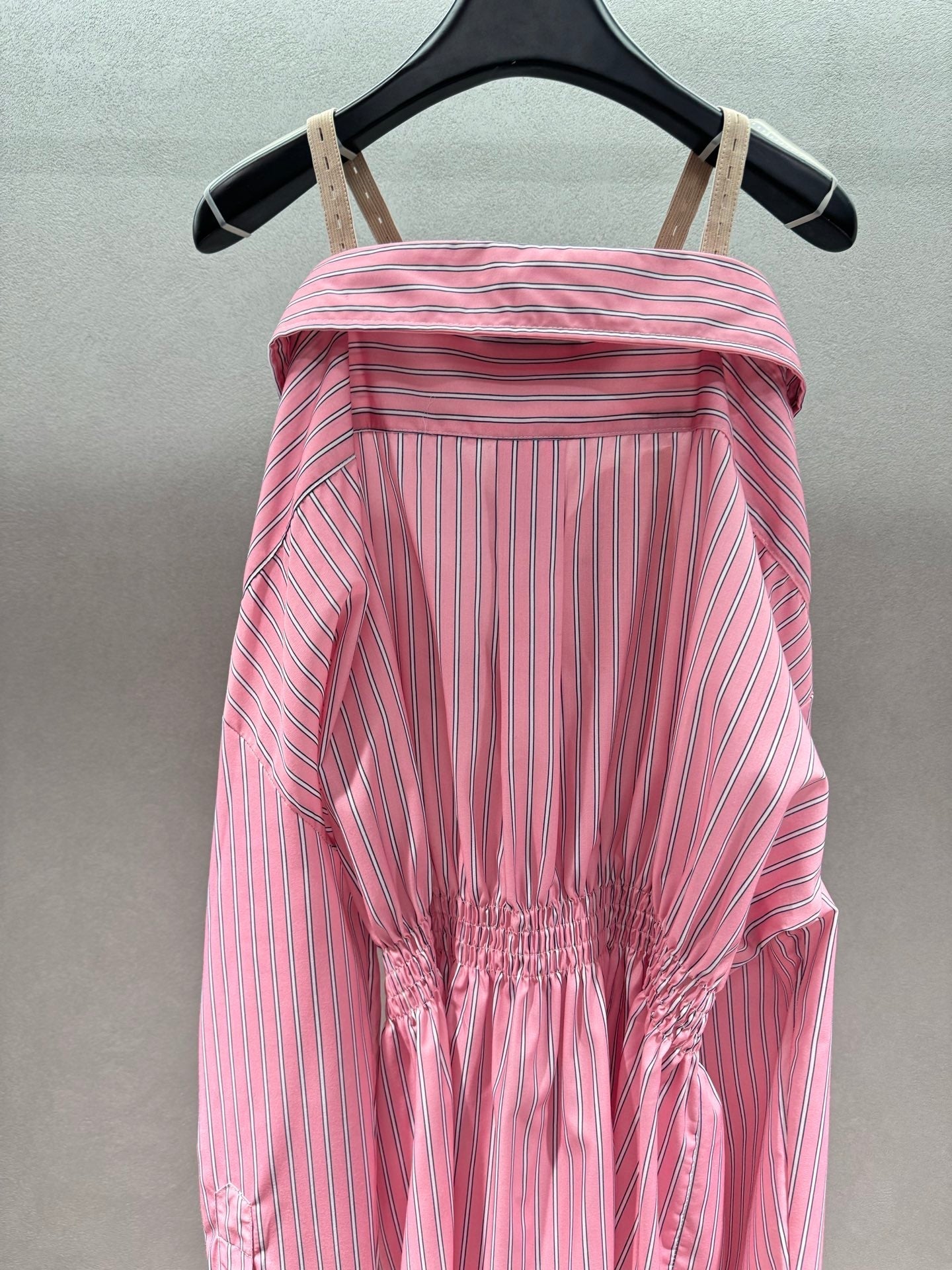 Miumiu 2026 Off-the-shoulder Striped Shirt Dress Pink Cotton