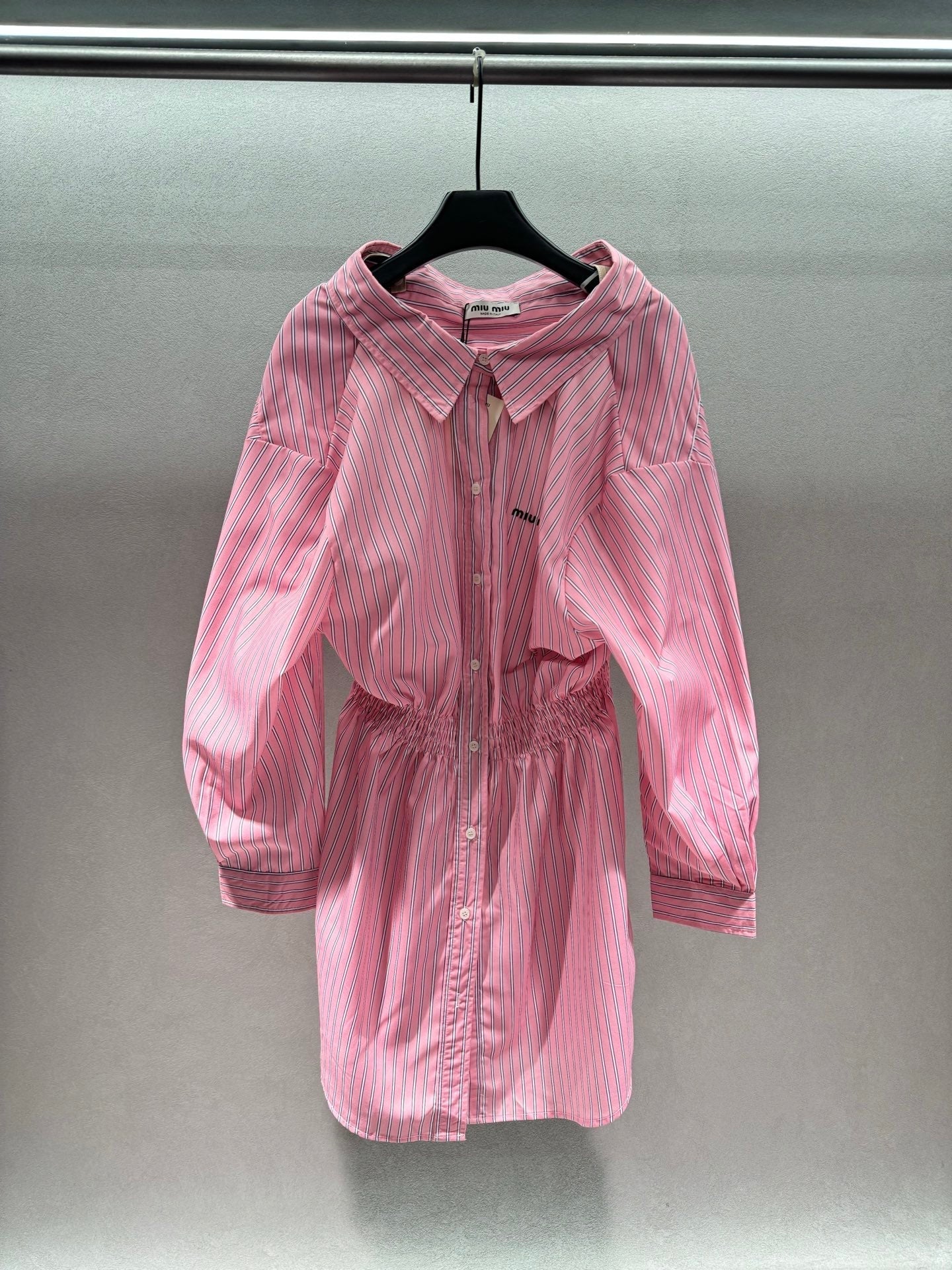 Miumiu 2026 Off-the-shoulder Striped Shirt Dress Pink Cotton