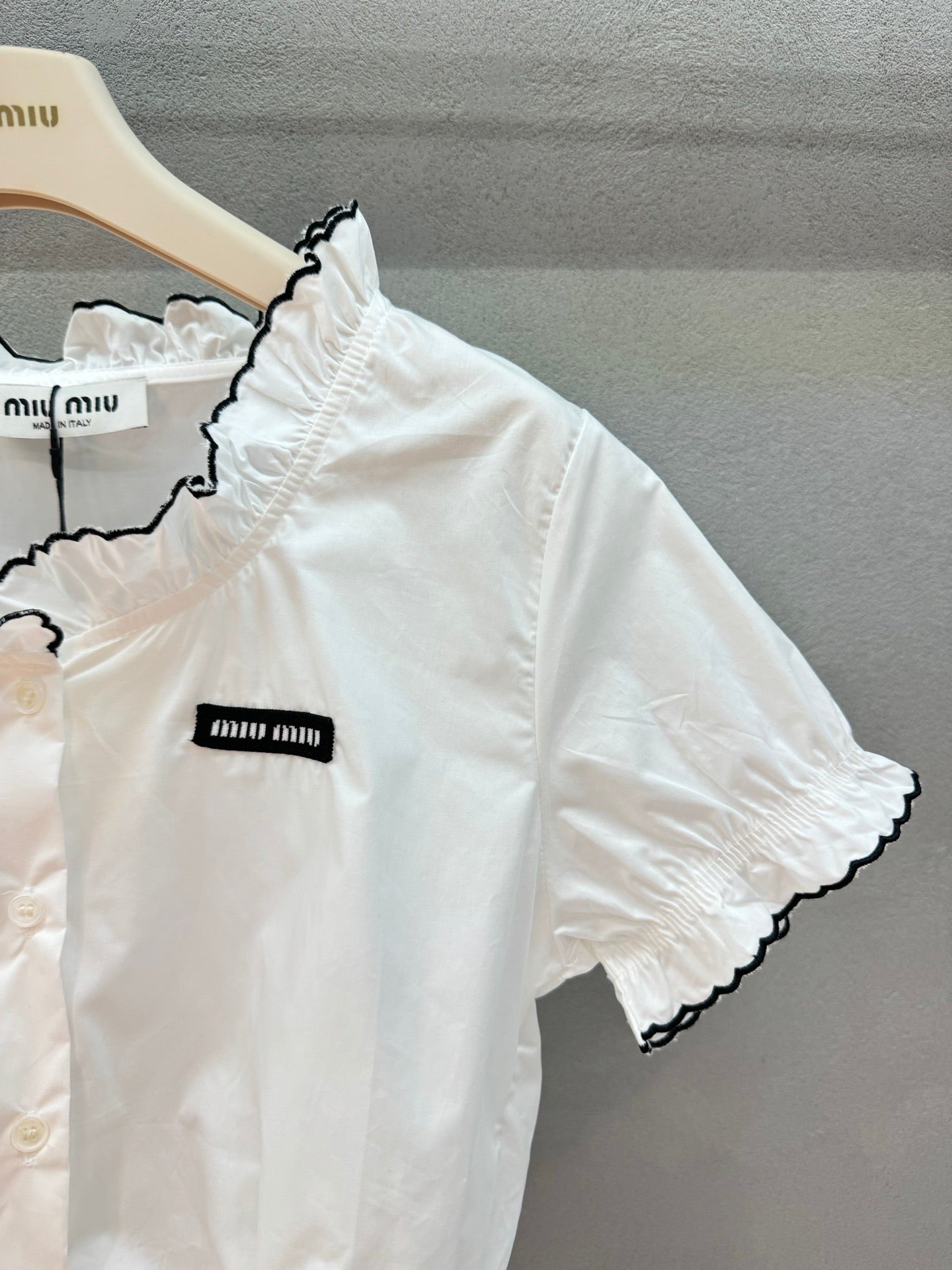 Miumiu 2026 Ruffled Trim Shirt White Black Cotton 375185