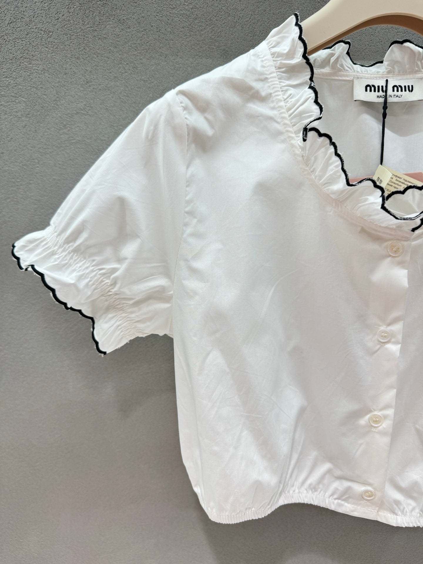 Miumiu 2026 Ruffled Trim Shirt White Black Cotton 375185