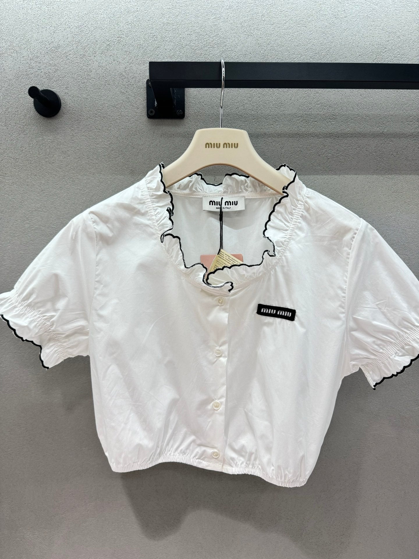 Miumiu 2026 Ruffled Trim Shirt White Black Cotton 375185