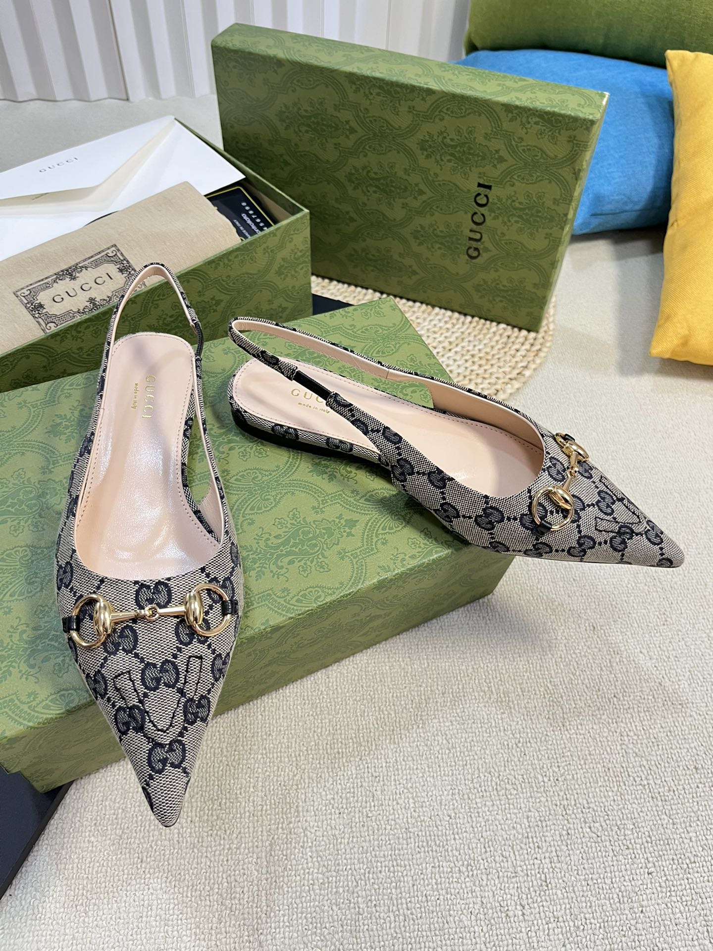 GC Horsebit Slingback Pump 10mm Beige mix Blue Canvas Sheepskin 294553