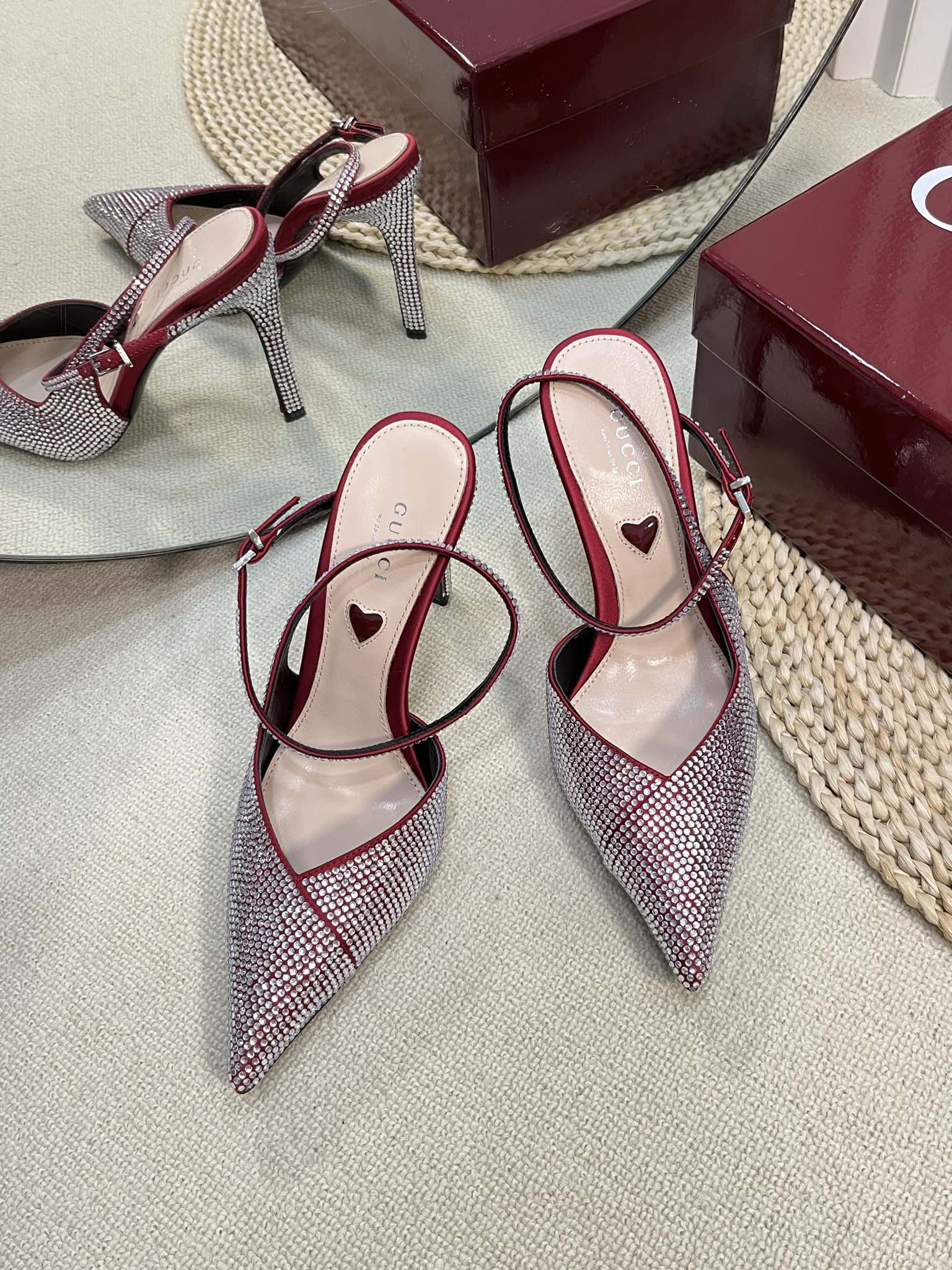GC Crystal-Embellished Slingbacks Red Silk Sheepskin 294609