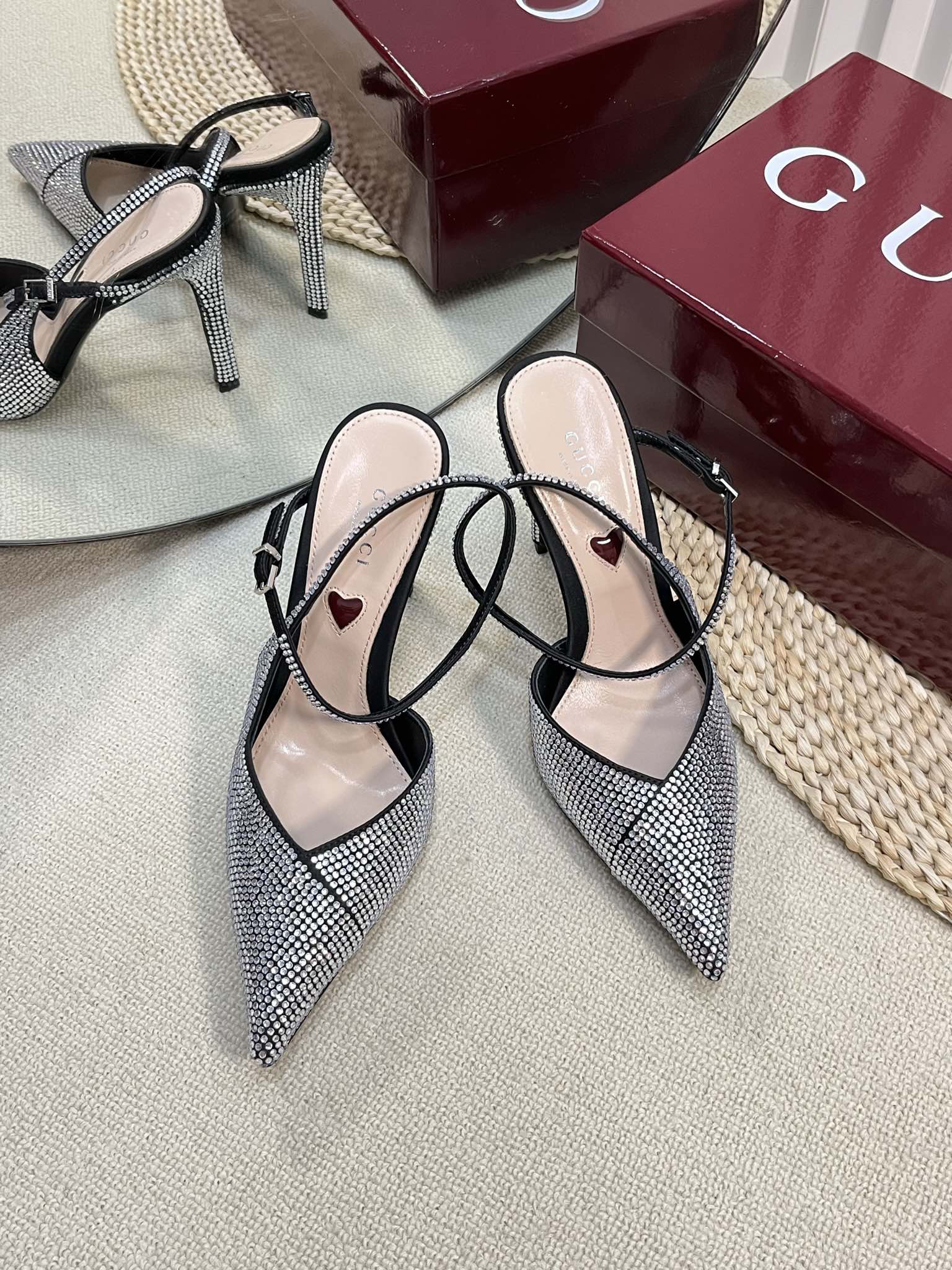 GC Crystal-Embellished Slingbacks Black Silk Sheepskin 294611