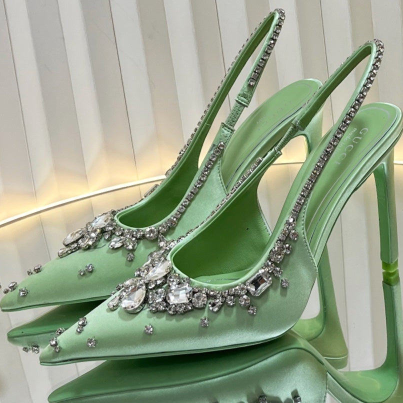 GC 2025 Crystal Embellished High Heels Slingbacks Green Silk Sheepskin 294525