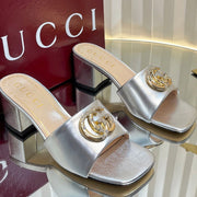 GC 25 Interlocking G Heeled Sandal Silver Patent Leather 294641