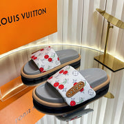 LV 26s Slippers White Gray Red Fabric Sheepskin 616353