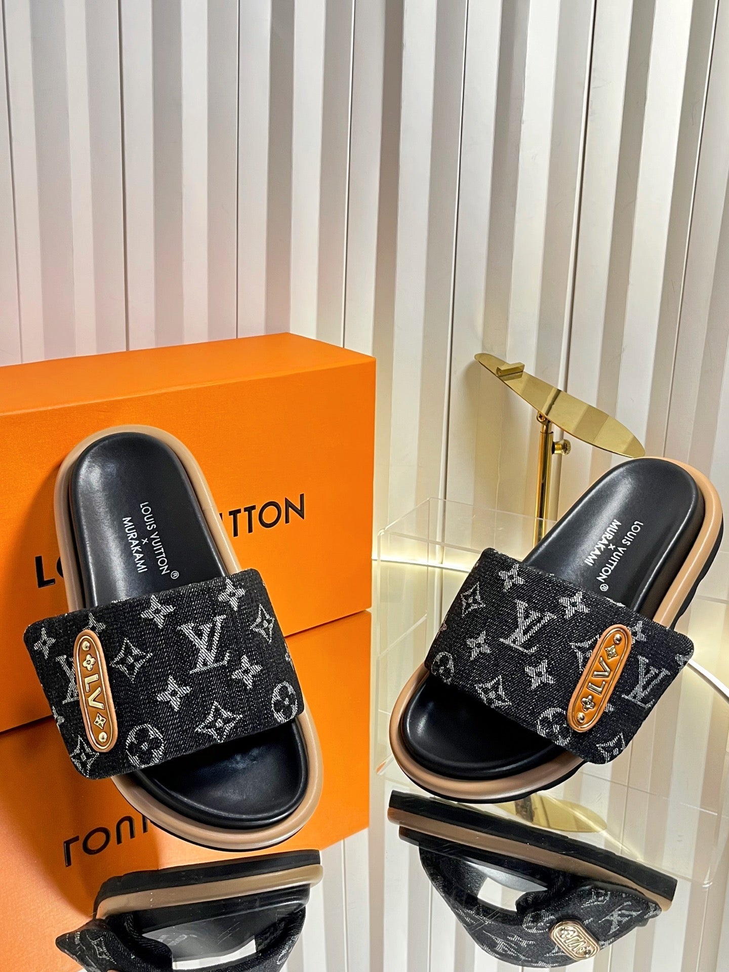 LV 26s Slippers Black Denim Sheepskin 616359