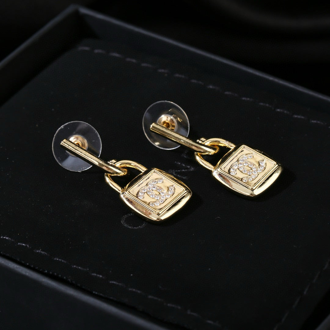 CC Lock Shaped Gold Diamond Earring