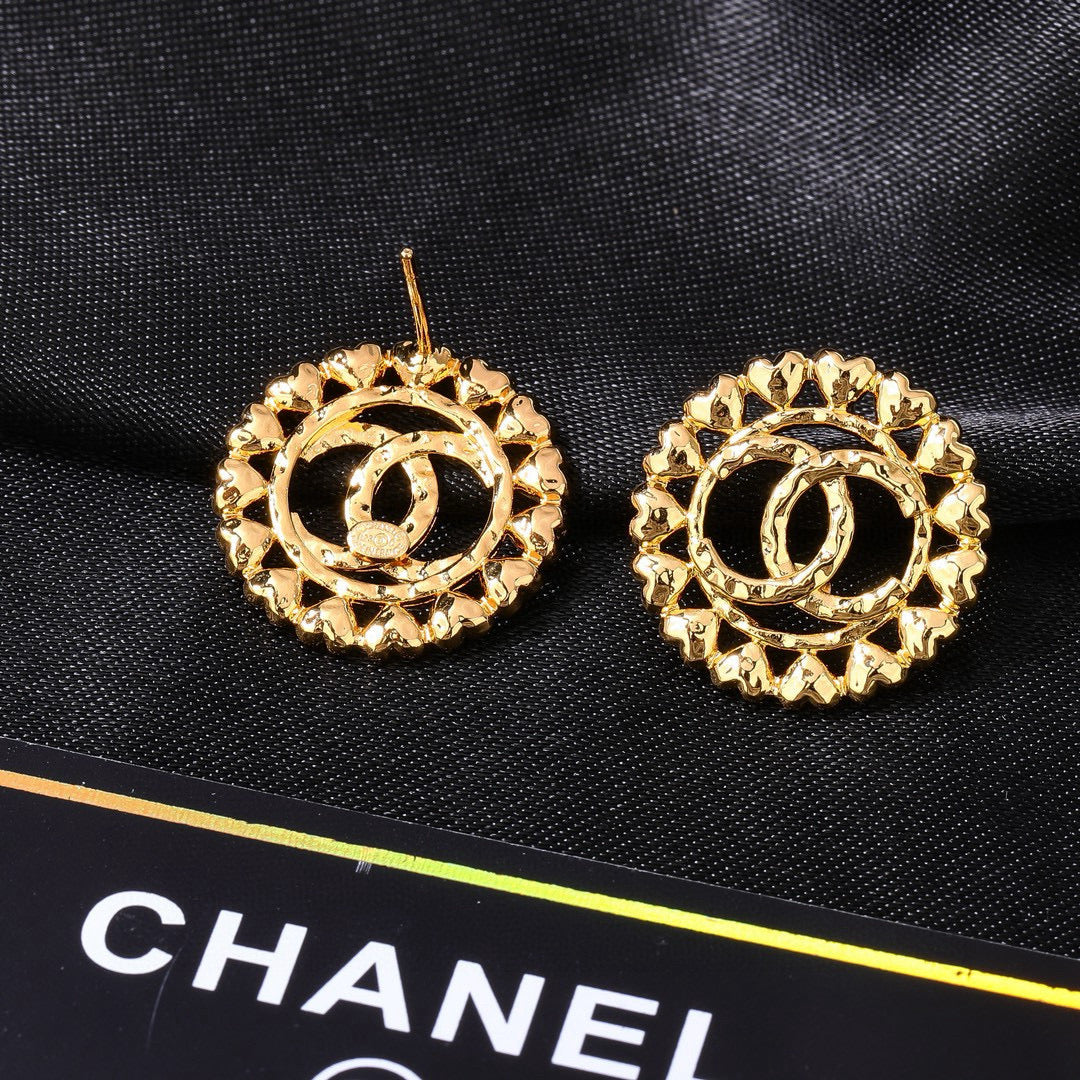 CC Metal Heart Double C Gold Earrings