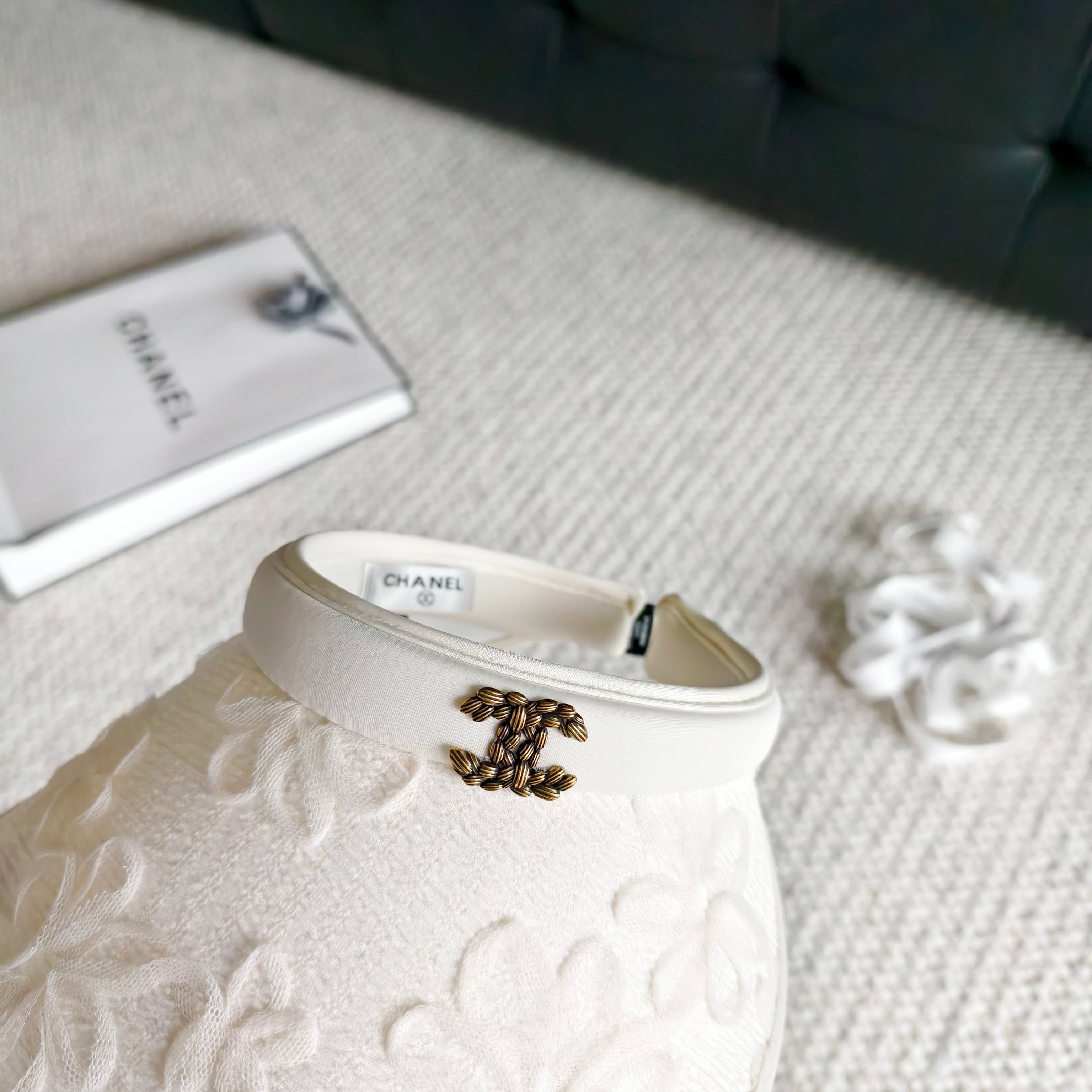 Chanel Embroidered Floral Pattern White Visor 250056