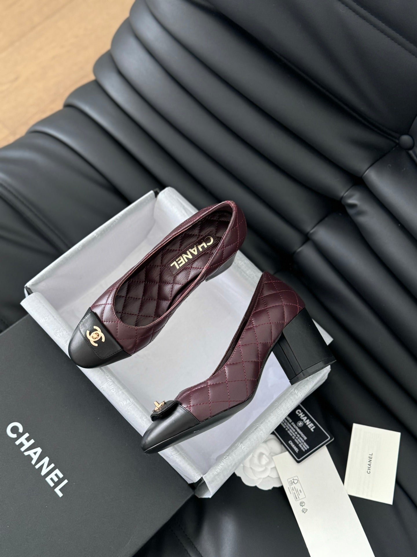 cc classic ballet flat with heel burgundy quilted calfskin
