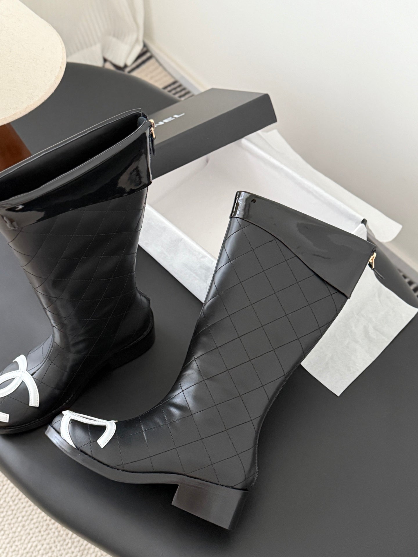 CC 2025 Vintage Cambon Mid-Calf Boots Black White Cowhide 550637