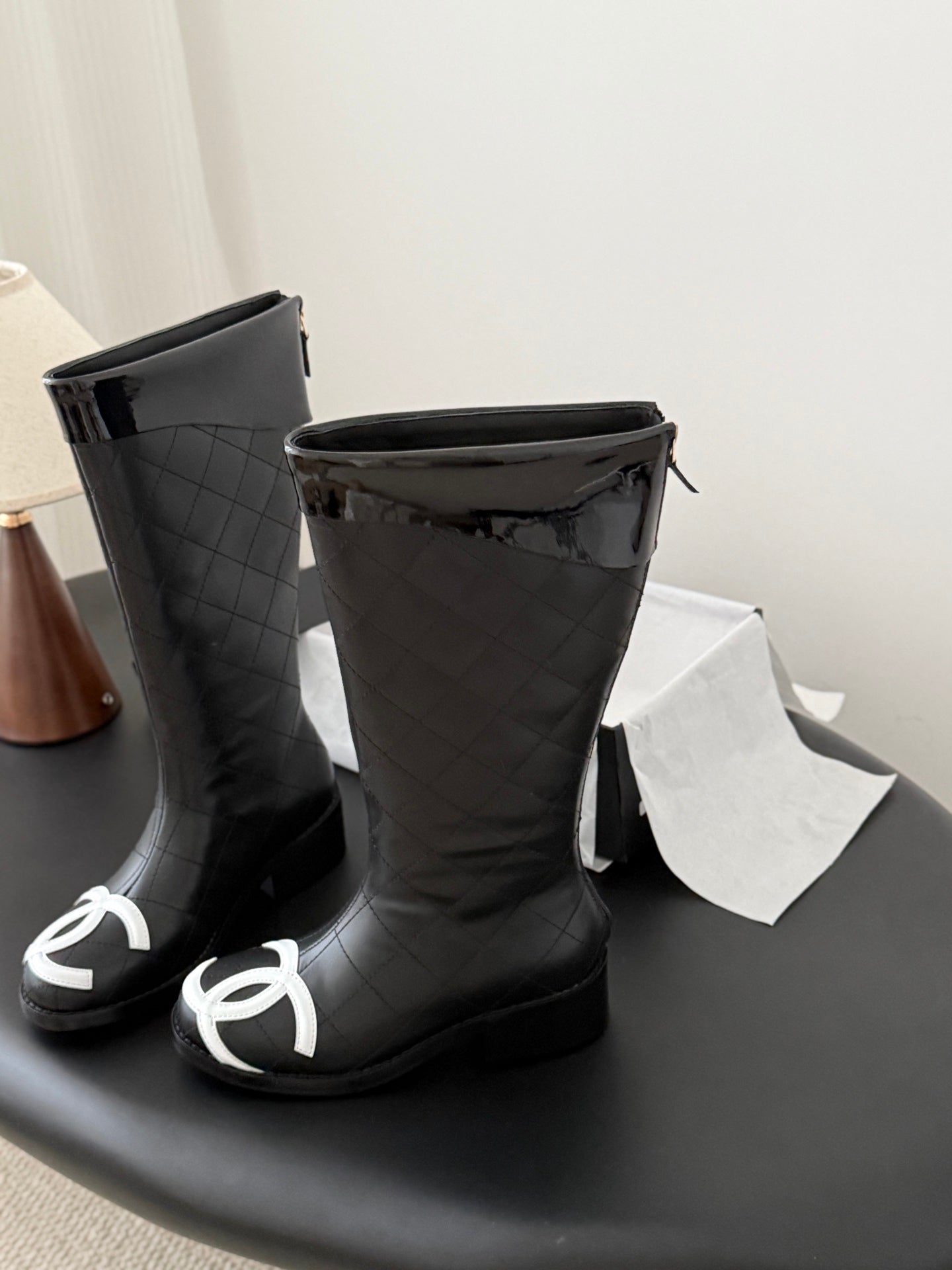 CC 2025 Vintage Cambon Mid-Calf Boots Black White Cowhide 550637