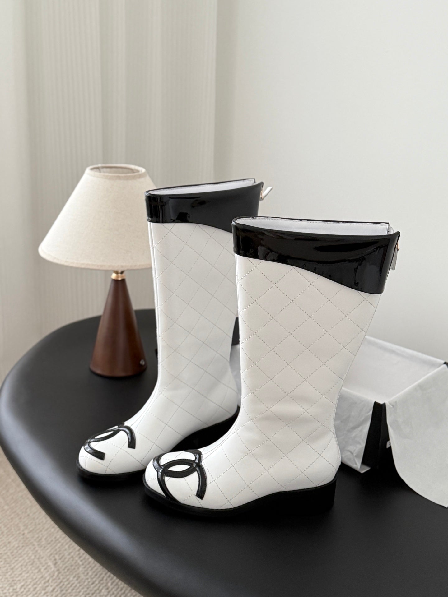 CC 2025 Vintage Cambon Mid-Calf Boots White Black Cowhide 550638