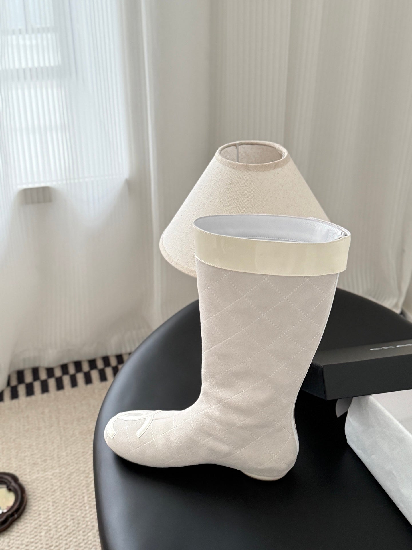 CC 2025 Vintage Cambon Mid-Calf Boots White Suede Patent Leather 550639