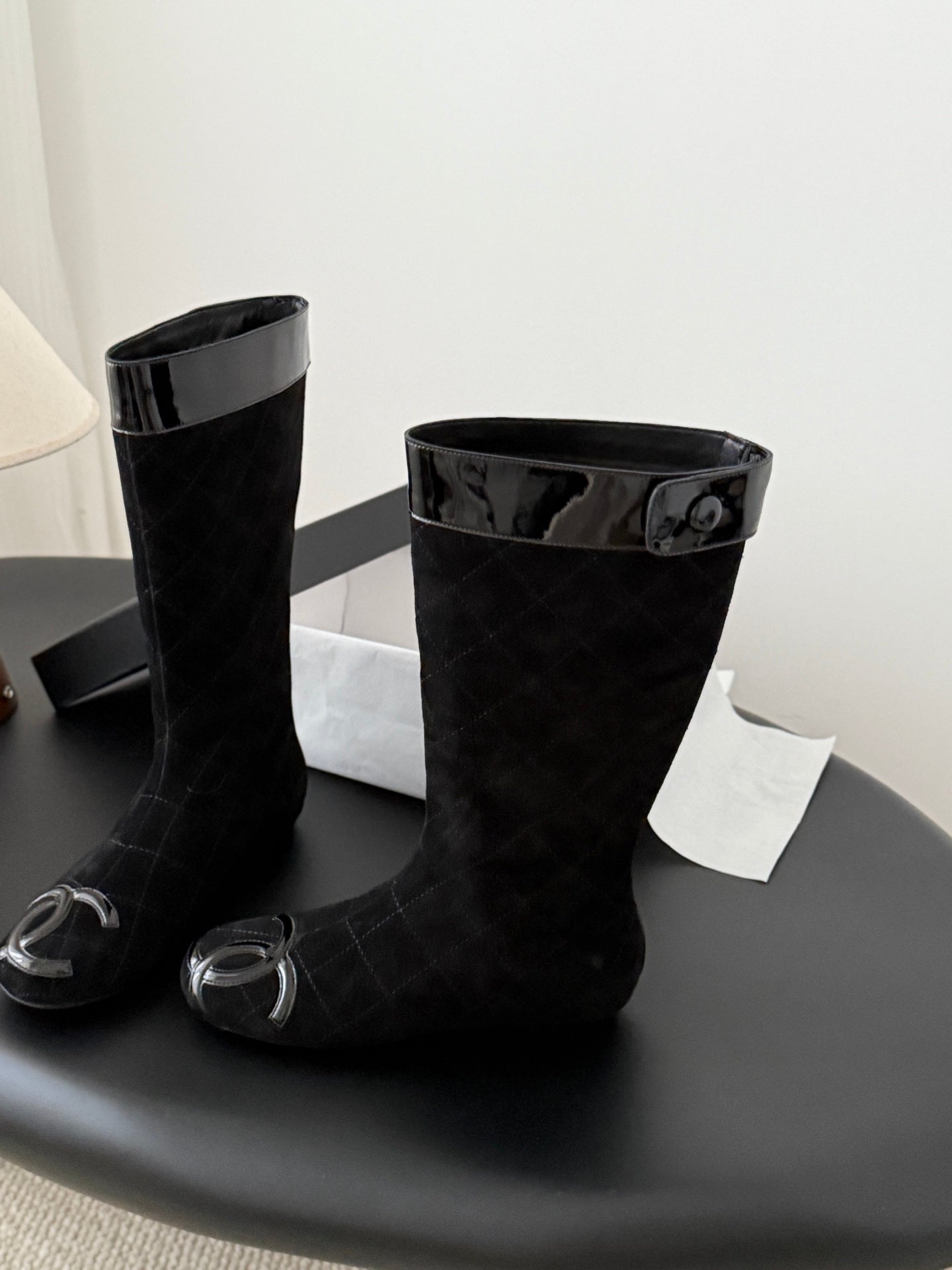 CC 2025 Vintage Cambon Mid-Calf Boots Black Suede Patent Leather 550641