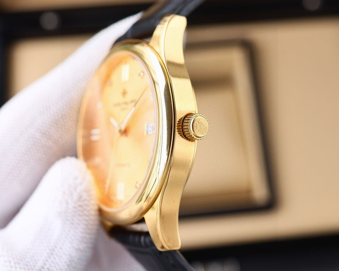 Patek Philippe Calatrava 40mm Gold Case Gold Dial Black Leather Strap