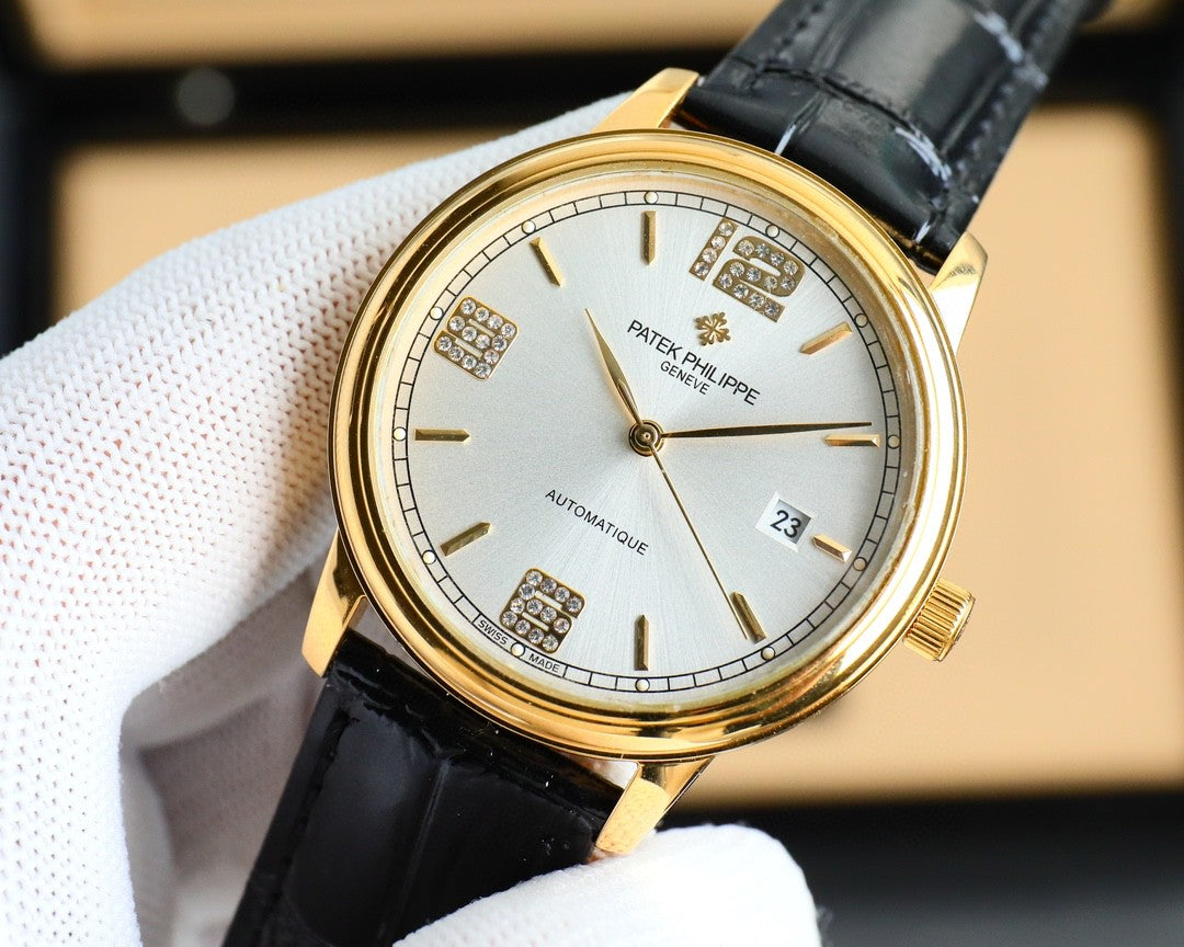 Patek Philippe Calatrava 40mm Gemstone-set Hour Marker Gold Case Black Leather Strap