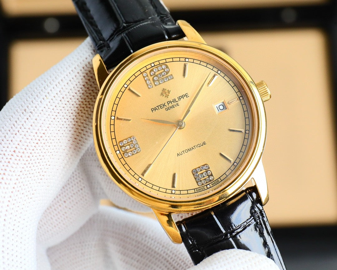 Patek Philippe Calatrava 40mm Gemstone-set Hour Marker Gold Dial Black Leather Strap