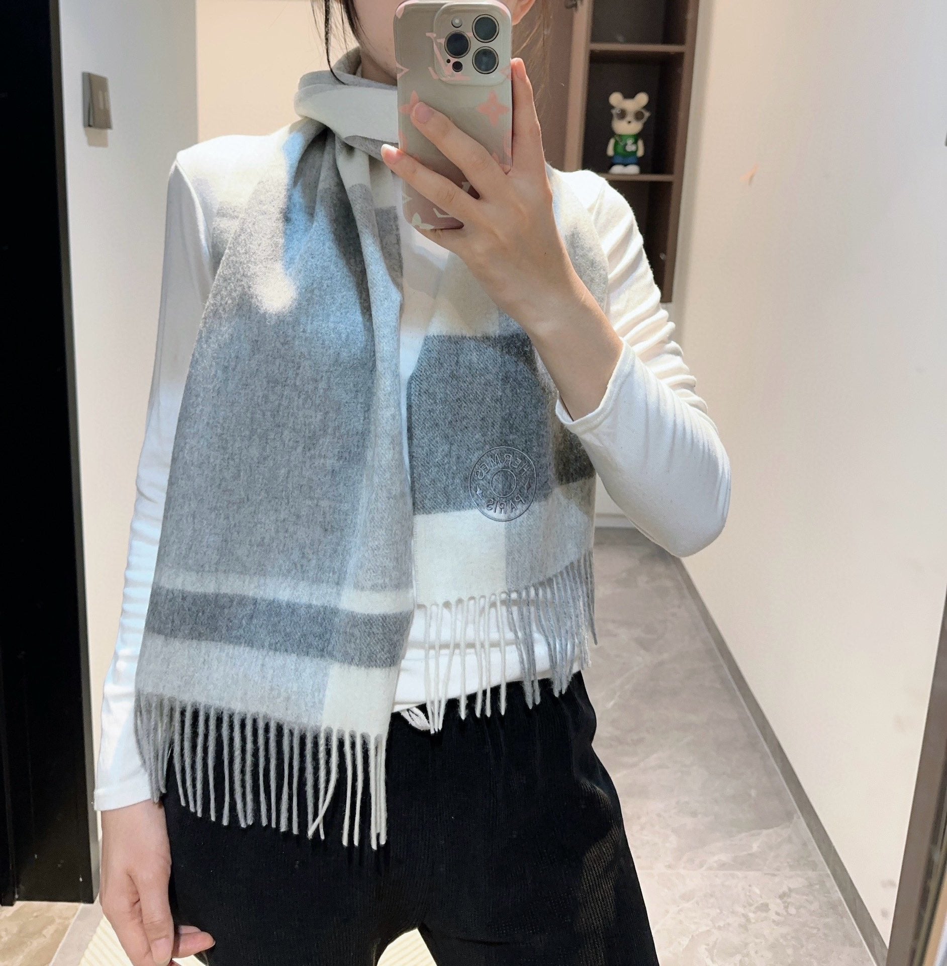Scarf 180 CM In Grey Black Mix White Cashmere  381230