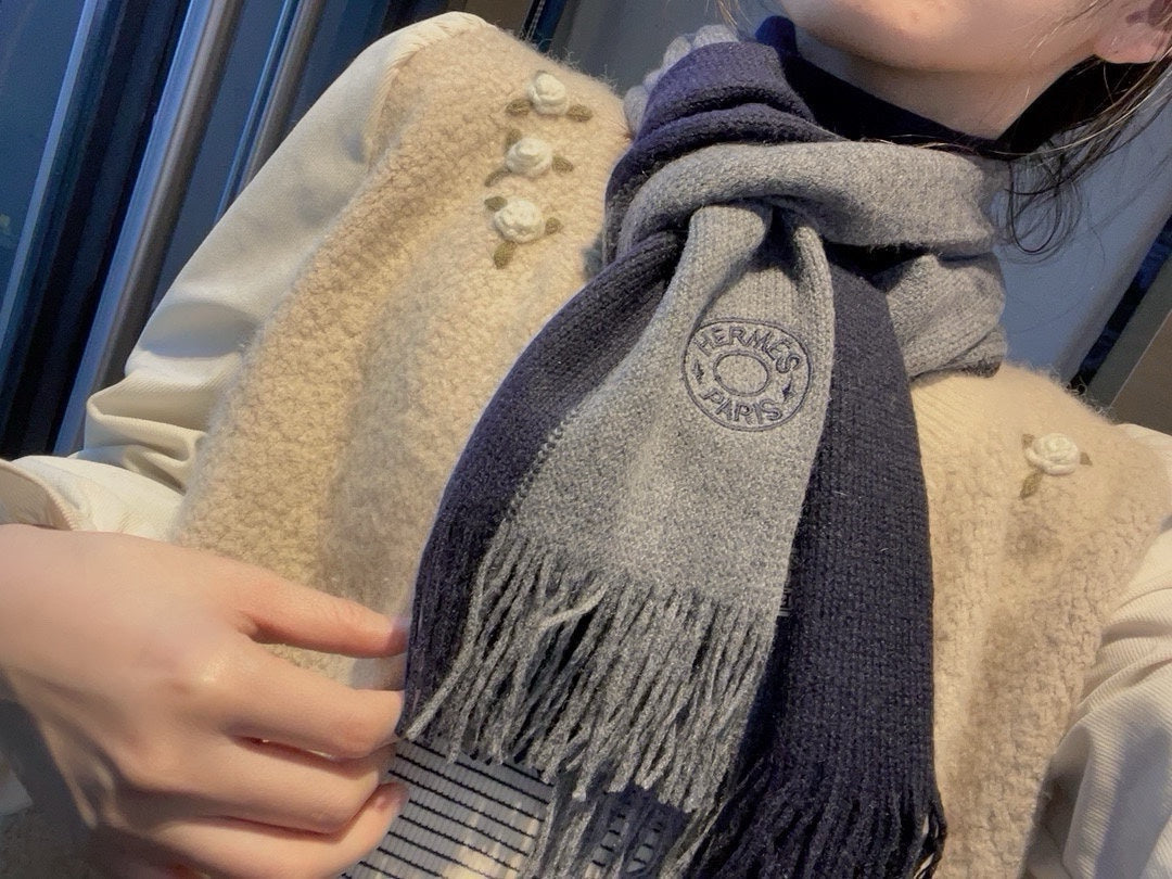 KNIT SCARF 180 IN NAVY BLUE MIX GREY CASHMERE