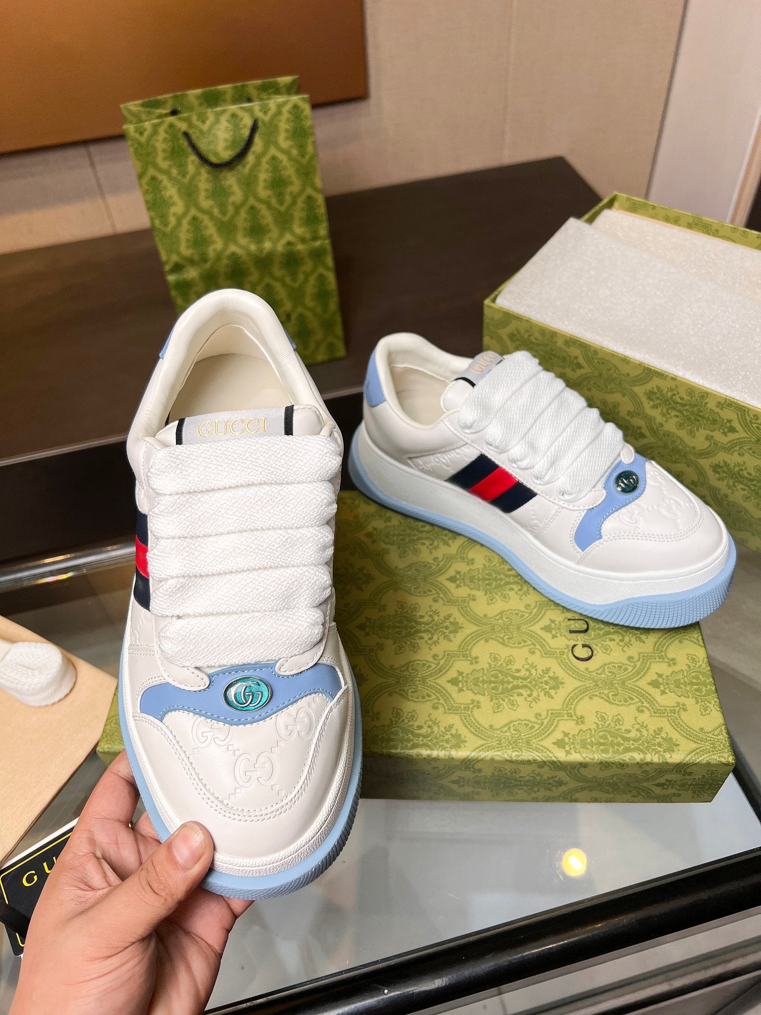 GG Men's Screener Sneaker White Blue Canvas Sheepskin 523602