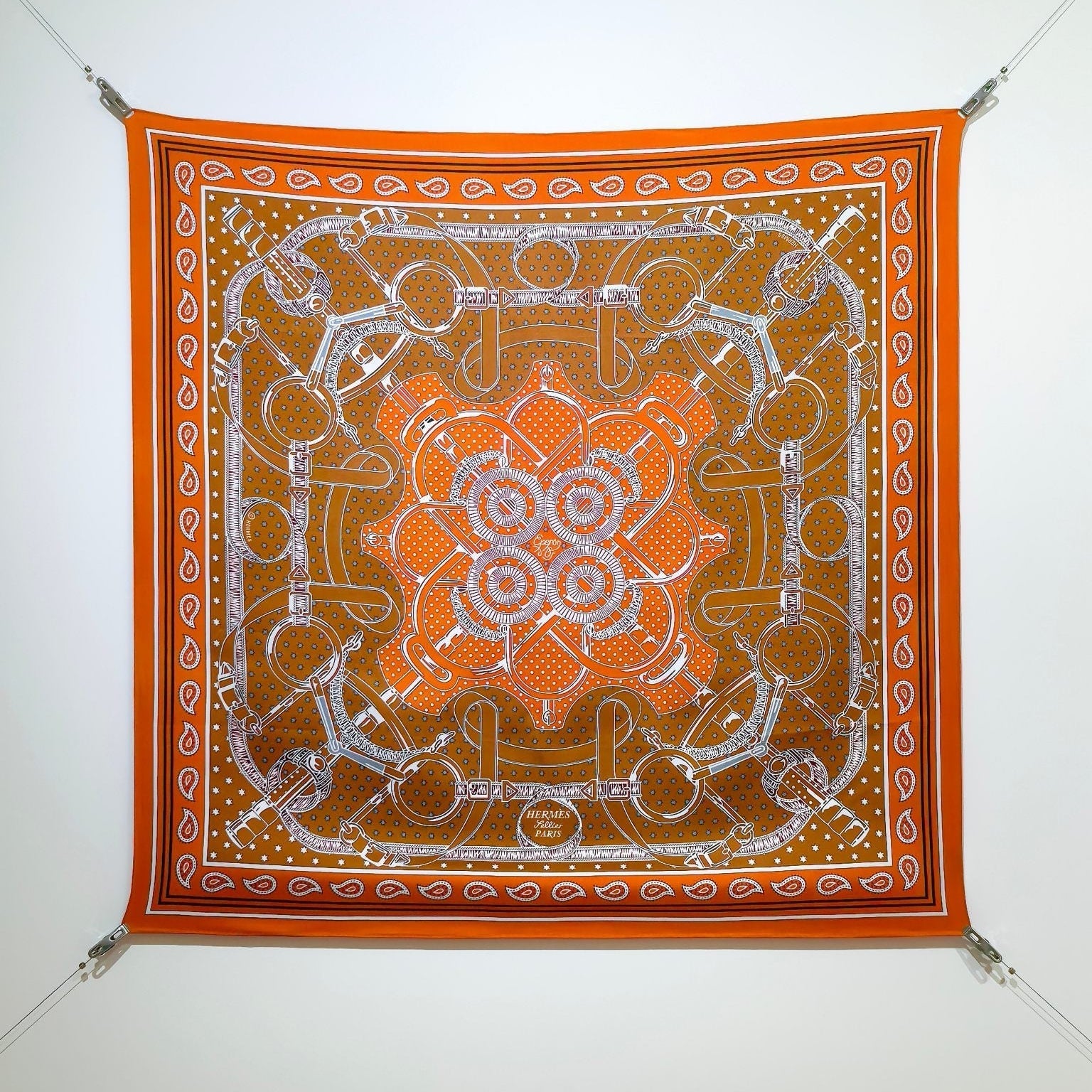 HM 26s Horse Scarf 90 Orange Colorful Cashmere Silk 138044