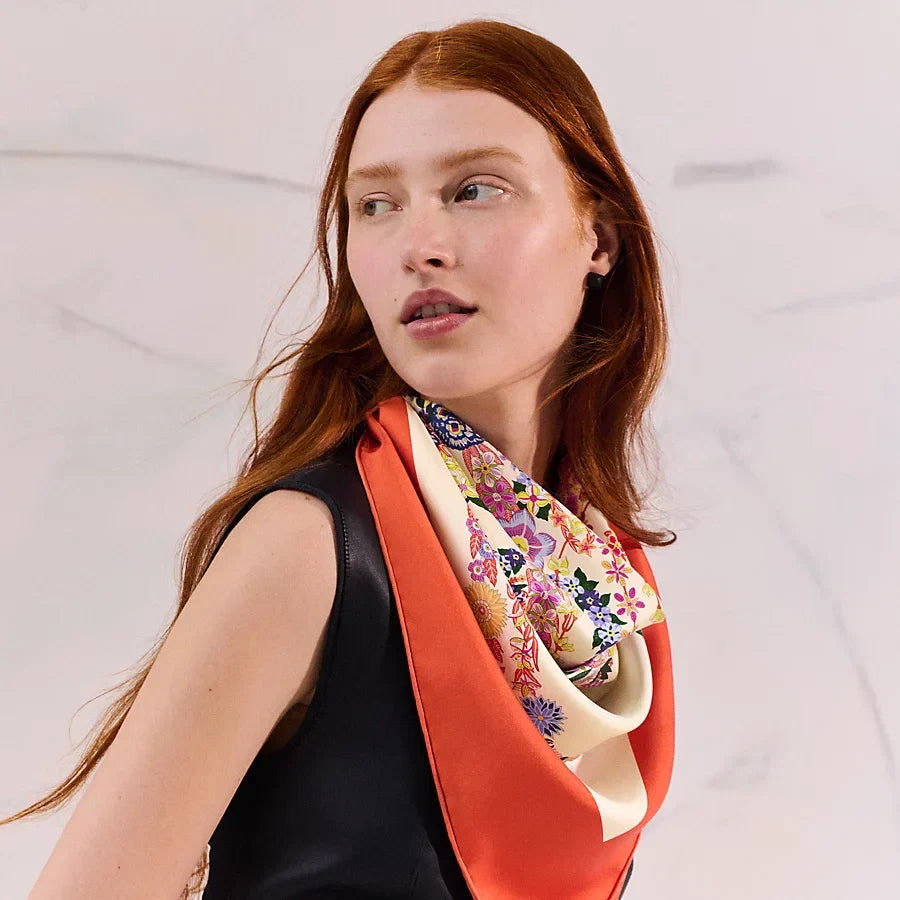 HM 26s 90 Double Sided Scarf White Orange Colorful Mulberry Silk 145756