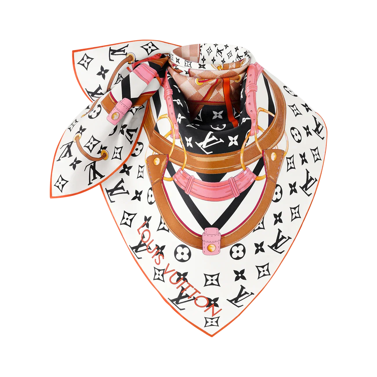 LV Double Sided Scarf 90 White Orange Monogram Cashmere Silk 168752