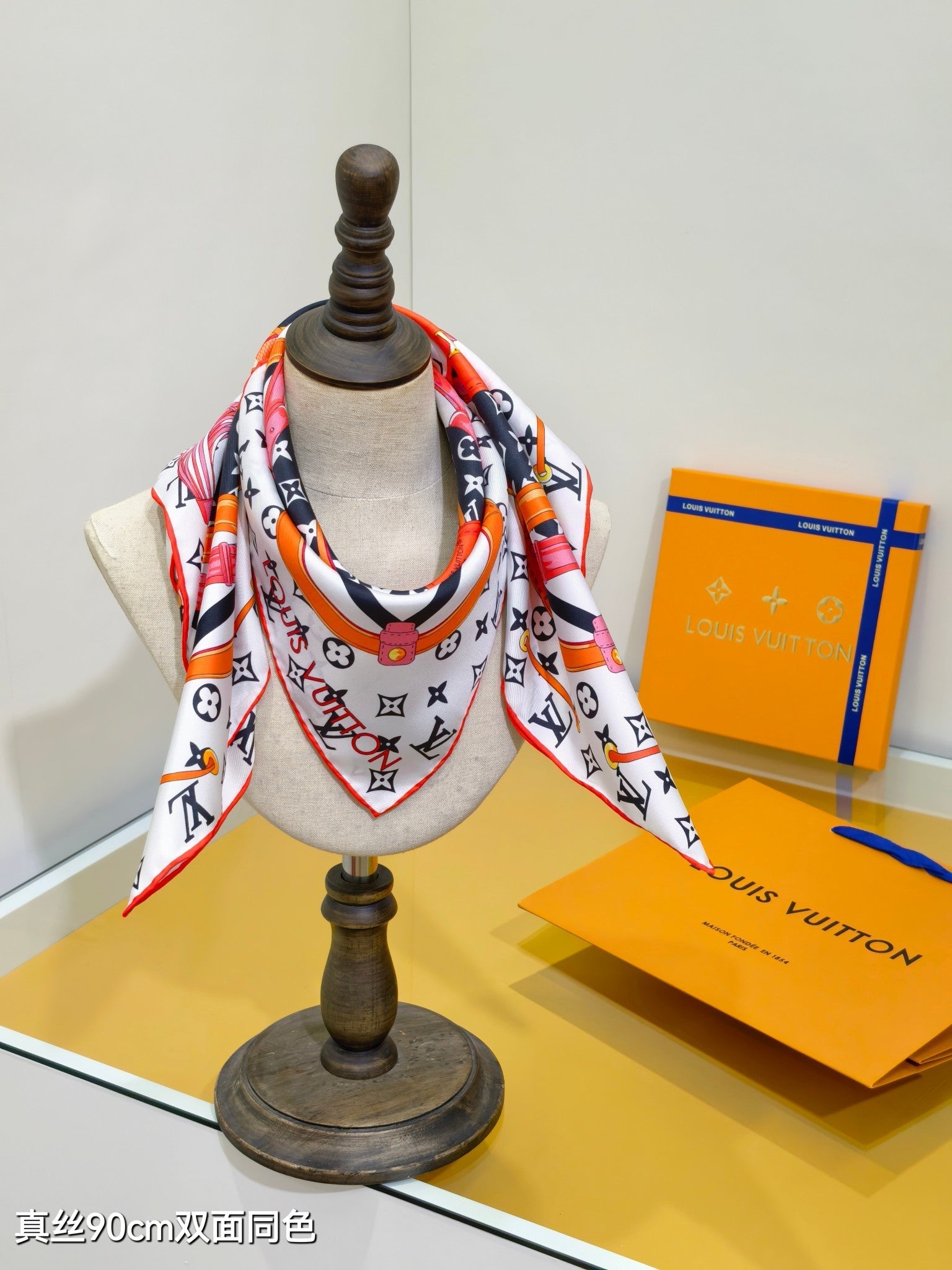 LV Double Sided Scarf 90 White Orange Monogram Cashmere Silk 168752