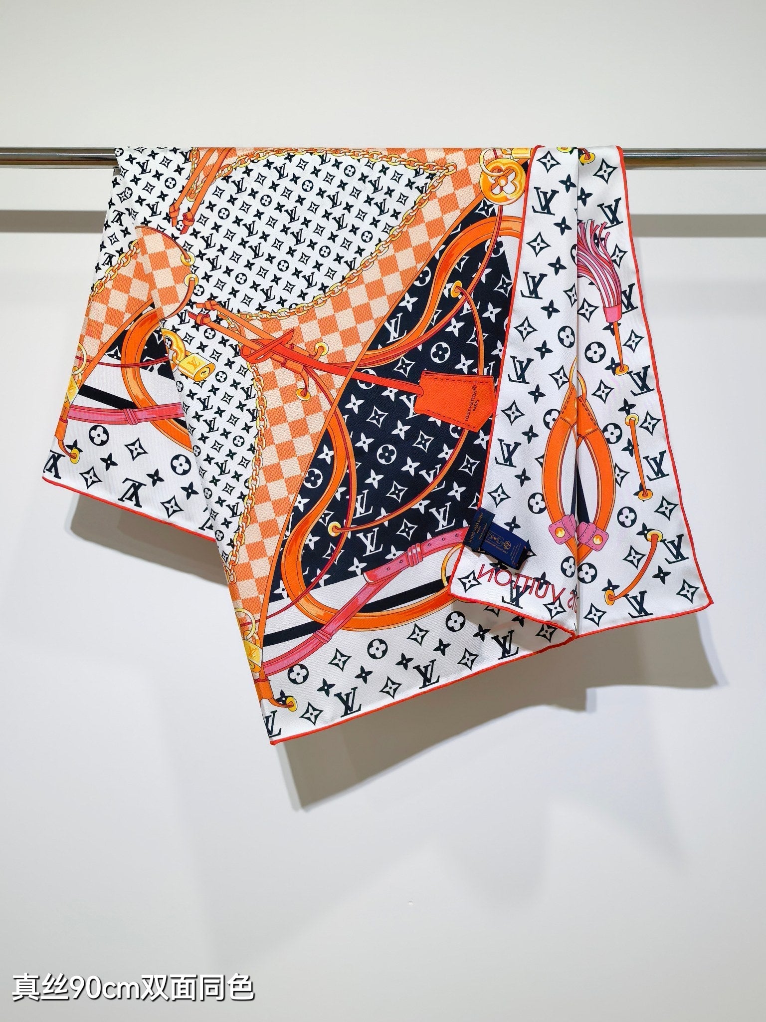 LV Double Sided Scarf 90 White Orange Monogram Cashmere Silk 168752