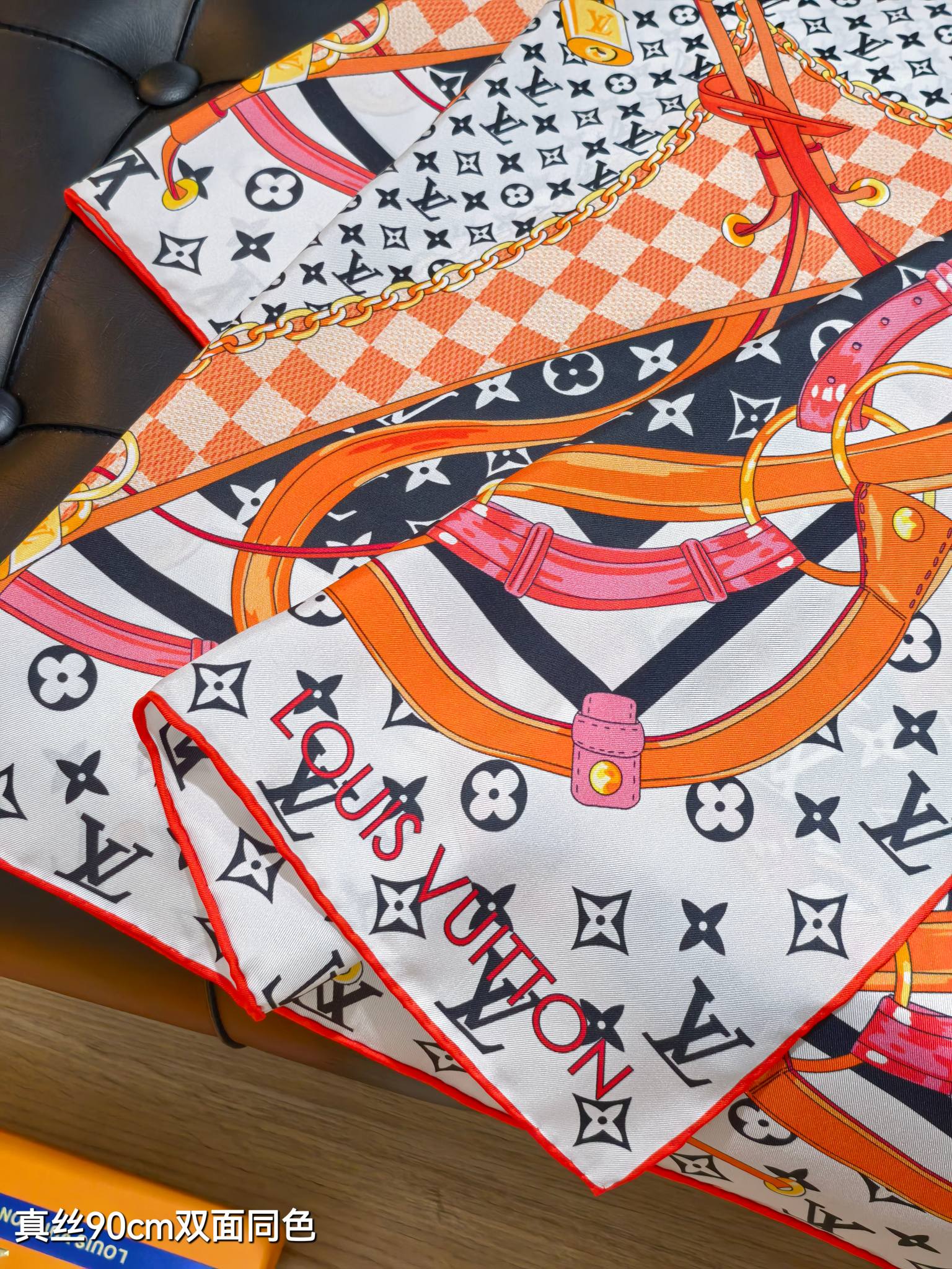 LV Double Sided Scarf 90 White Orange Monogram Cashmere Silk 168752