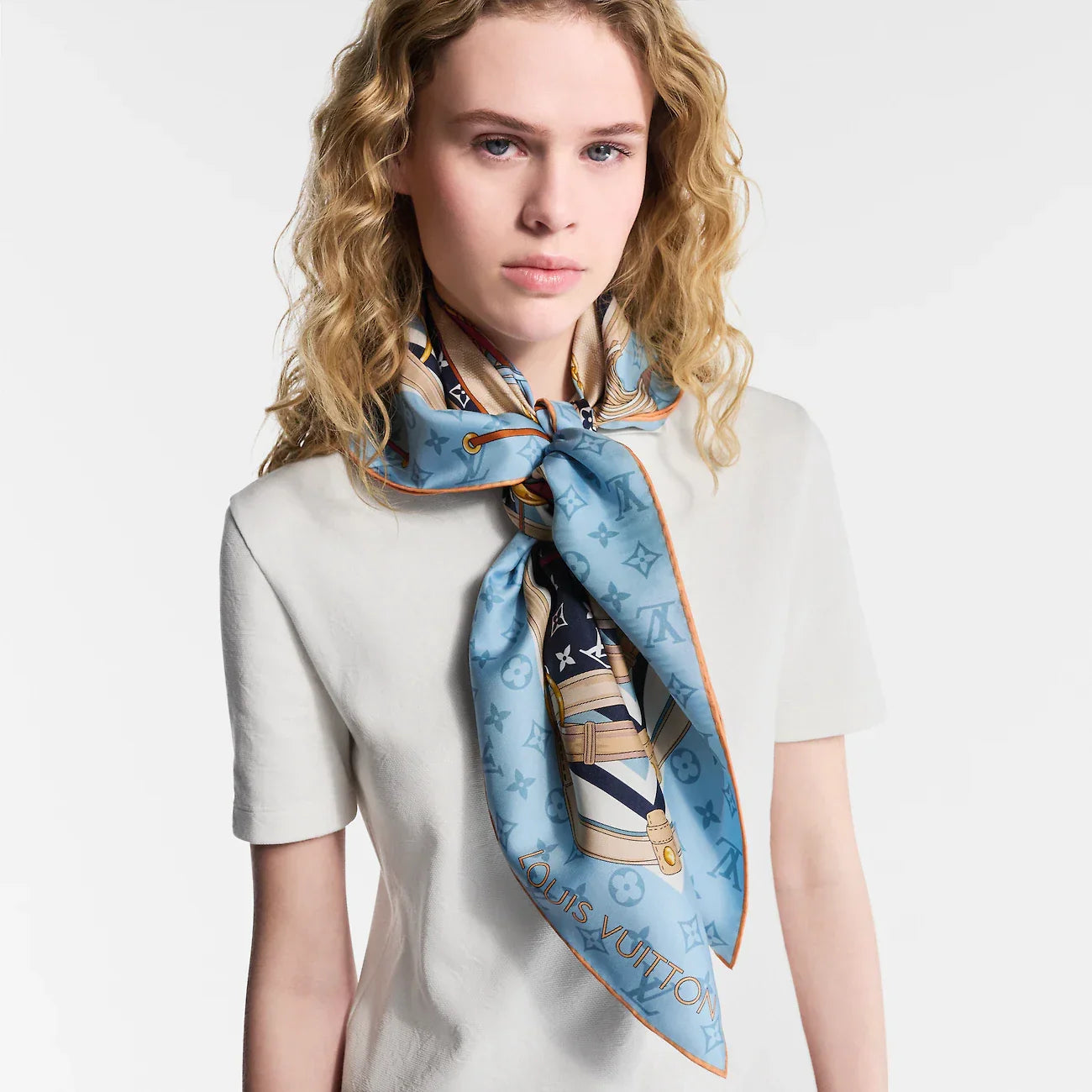LV Double Sided Scarf 90 Blue Monogram Cashmere Silk 168756