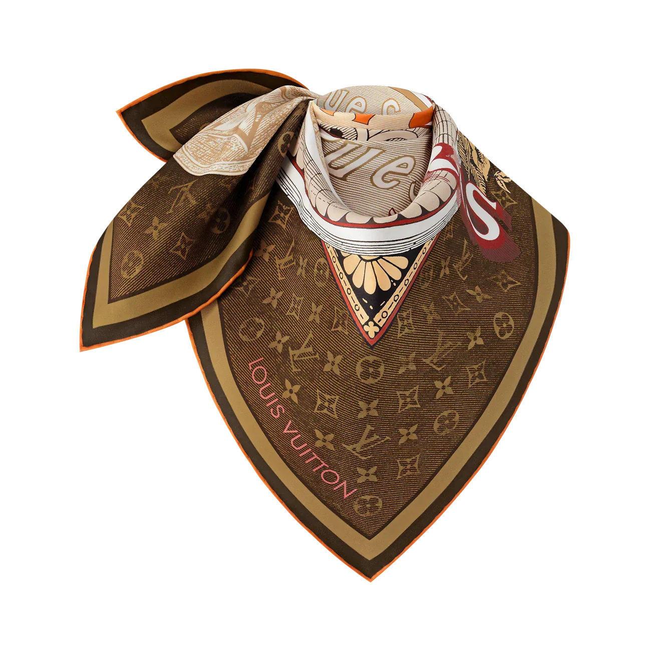 LV Double Sided Scarf 90 Brown Beige Monogram Twill Silk 168746