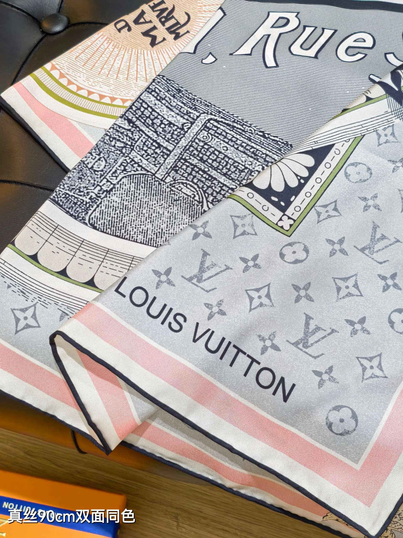 LV Double Sided Scarf 90 Gray Pink Monogram Twill Silk 168747