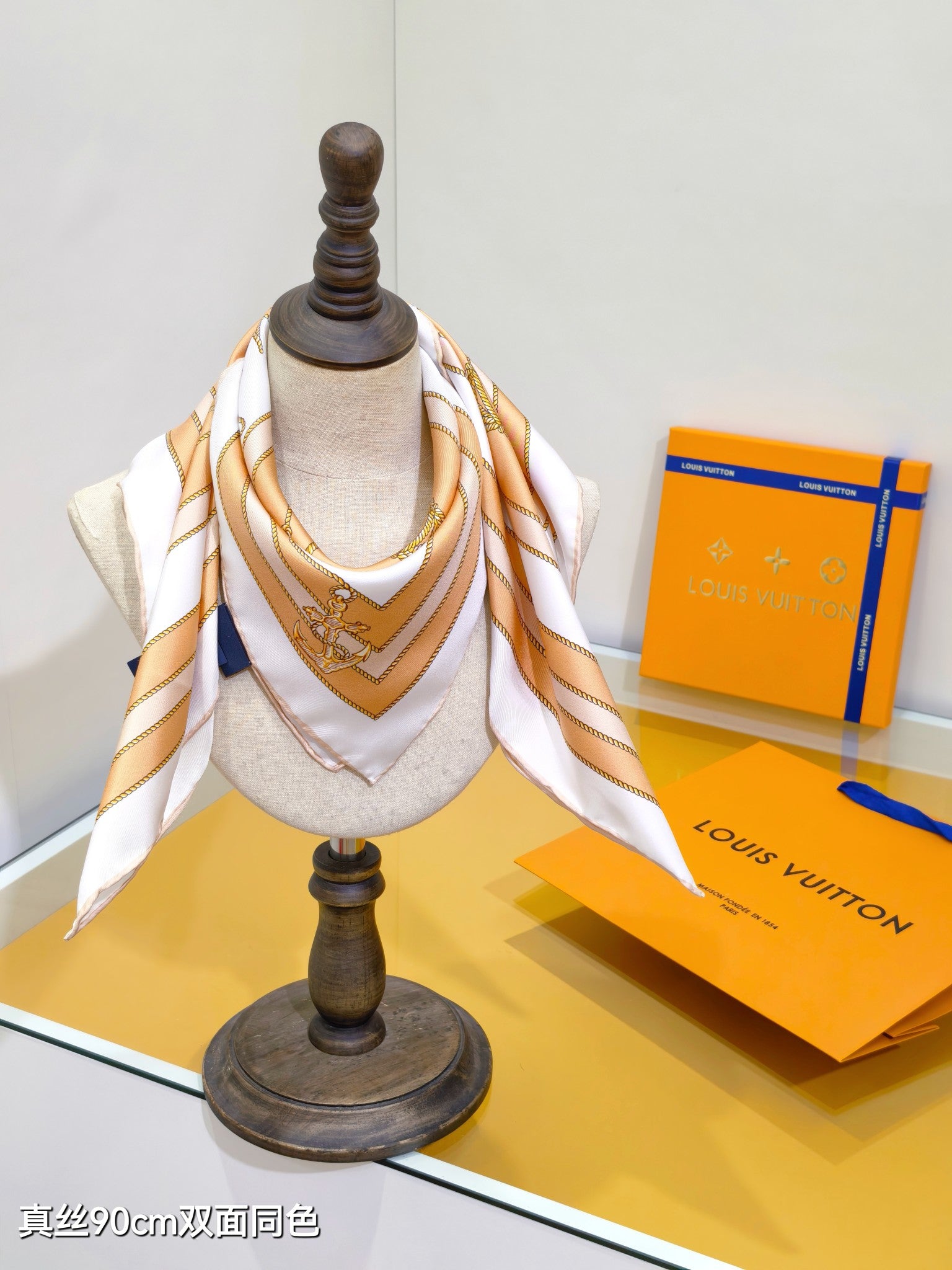 LV Double Sided Scarf 90 Beige White Monogram Twill Silk 164405