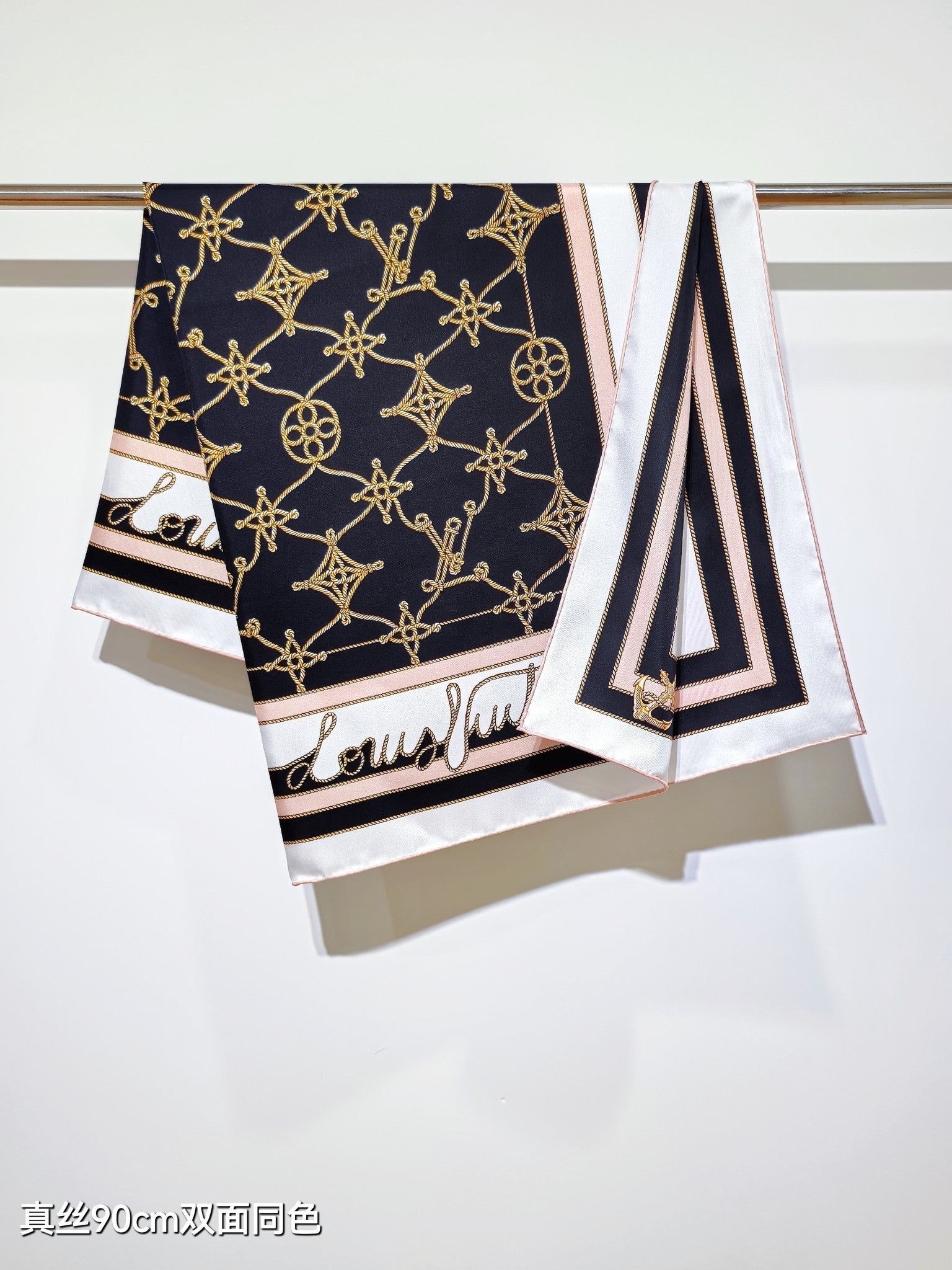 LV Double Sided Scarf 90 Black White Beige Monogram Twill Silk 164406