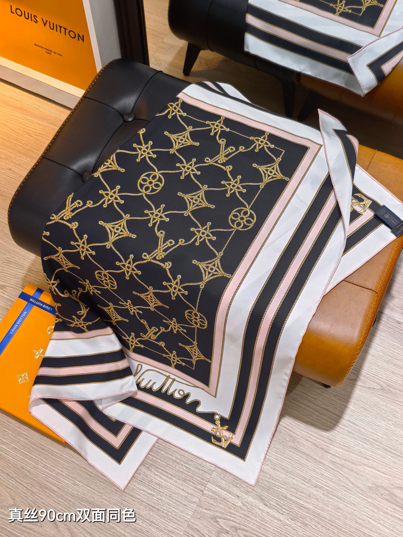 LV Double Sided Scarf 90 Black White Beige Monogram Twill Silk 164406