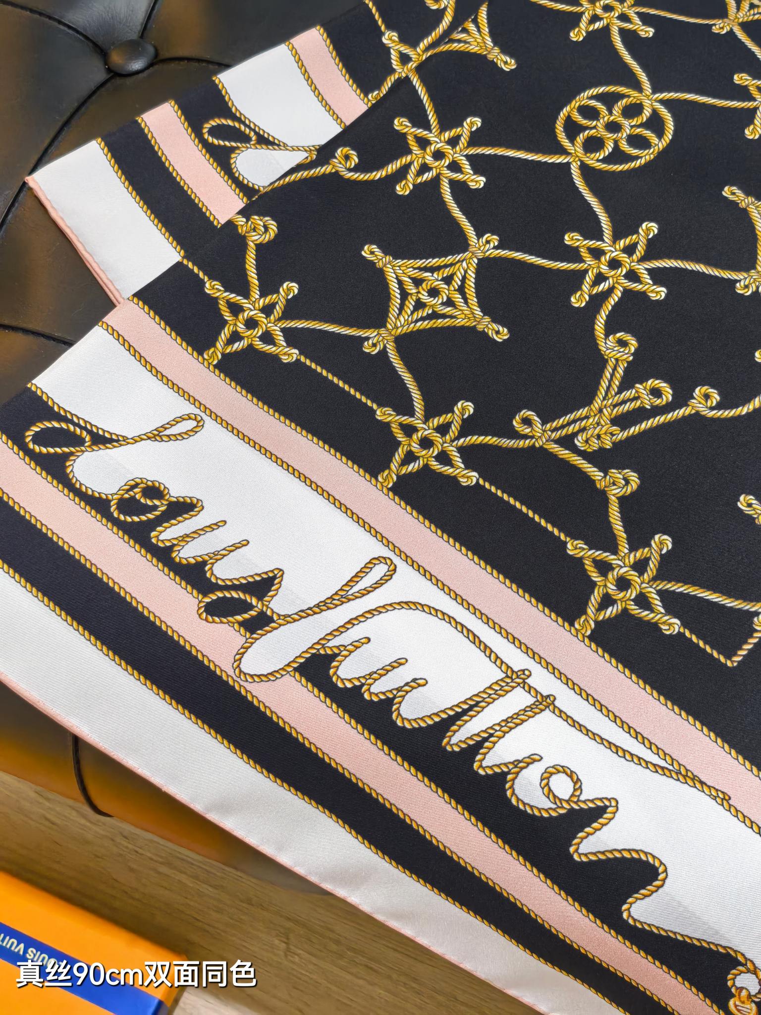 LV Double Sided Scarf 90 Black White Beige Monogram Twill Silk 164406
