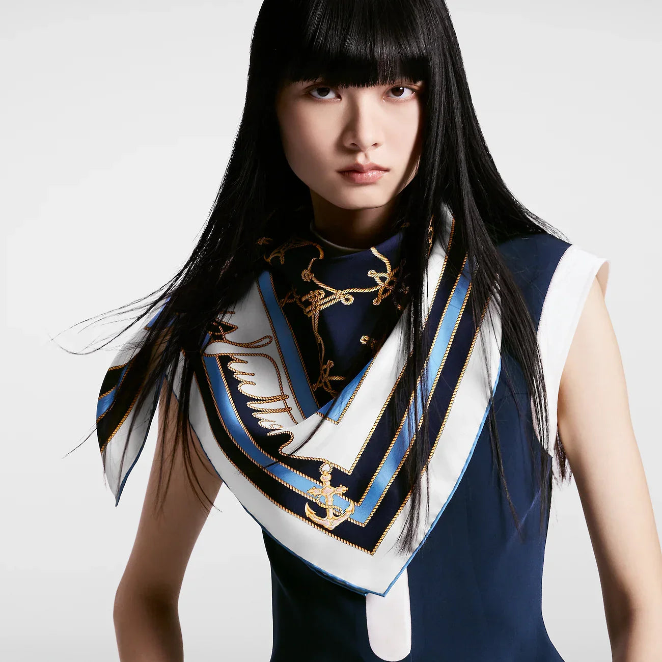 LV Double Sided Scarf 90 Dark Blue White Monogram Twill Silk 164407