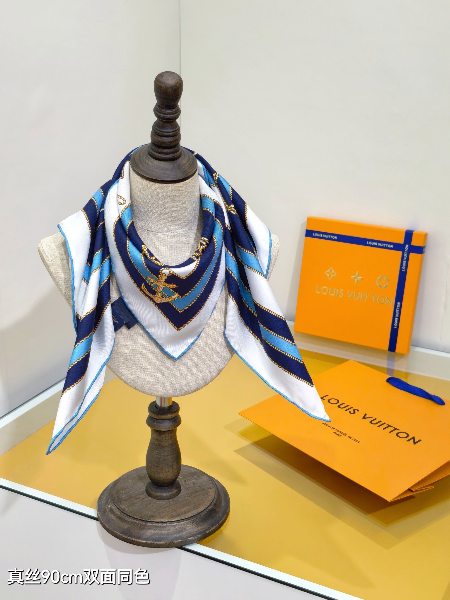 LV Double Sided Scarf 90 Dark Blue White Monogram Twill Silk 164407