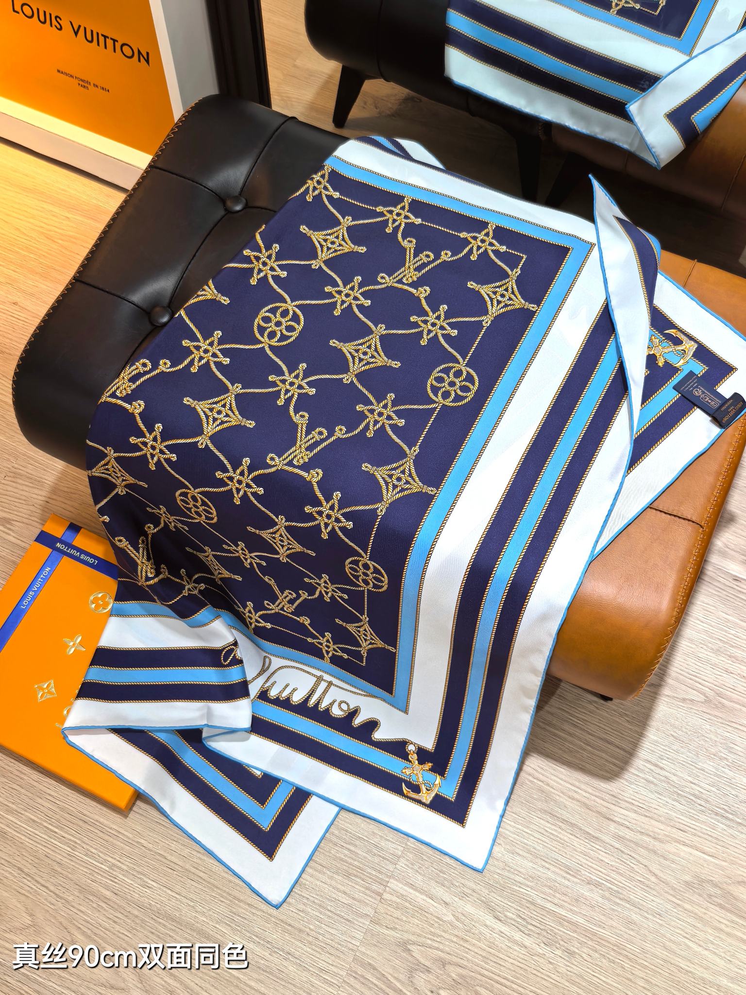 LV Double Sided Scarf 90 Dark Blue White Monogram Twill Silk 164407