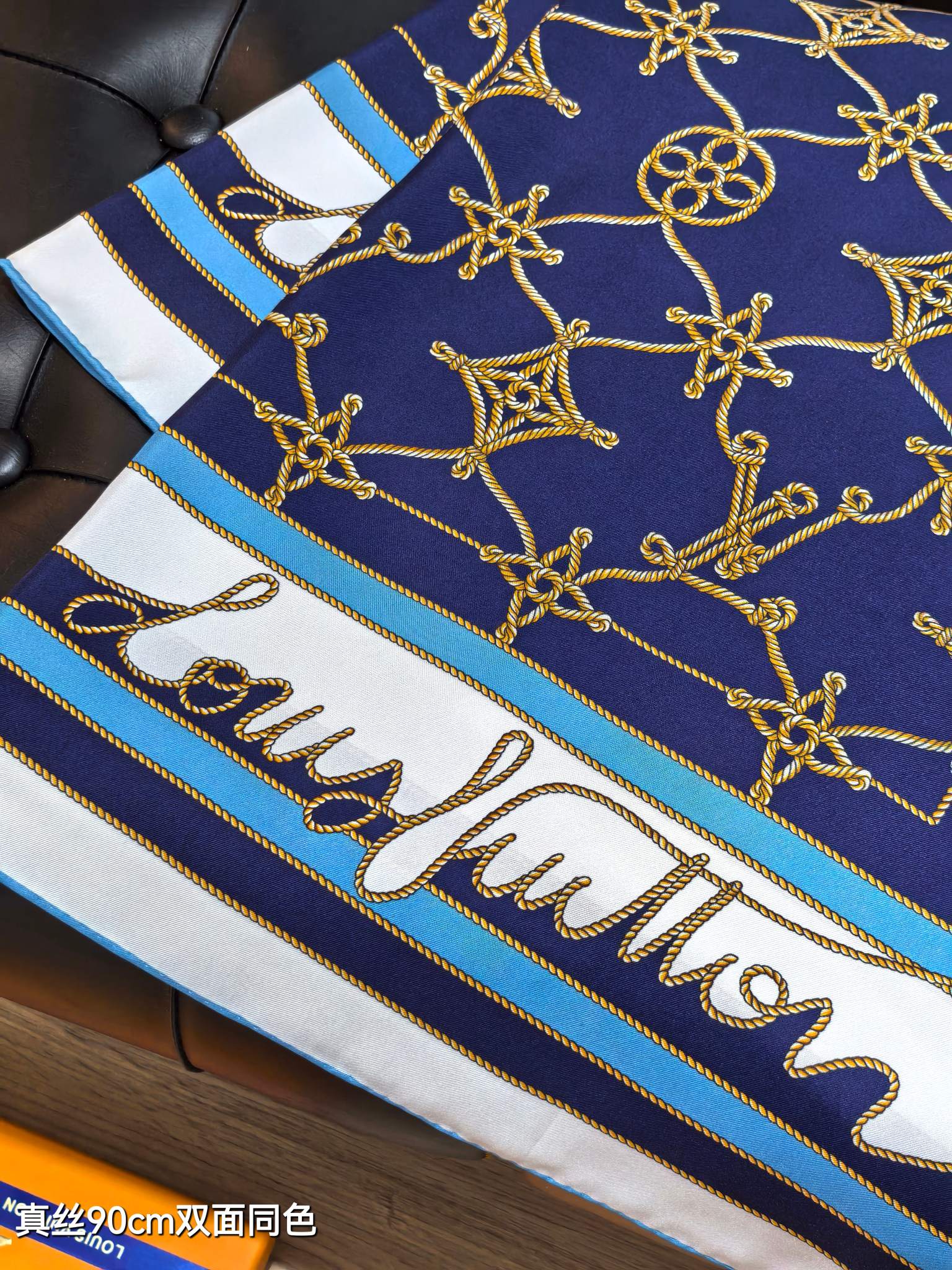 LV Double Sided Scarf 90 Dark Blue White Monogram Twill Silk 164407