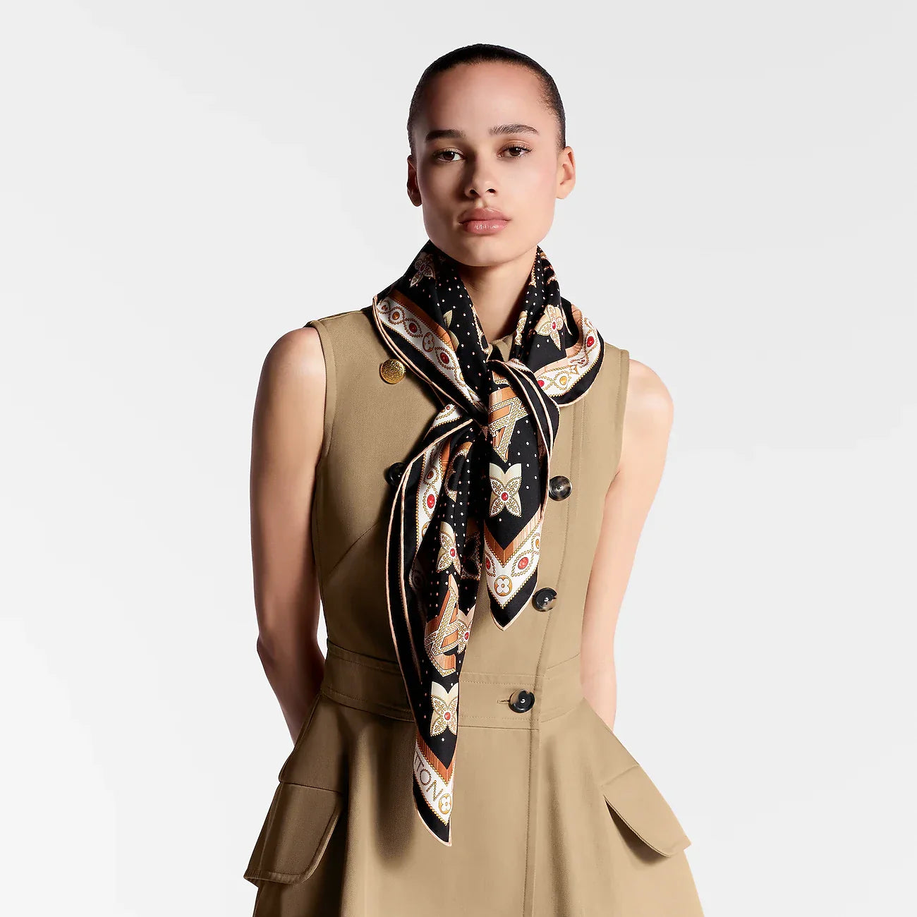LV Double Sided Scarf 90 Black Beige Colorful Monogram Mulberry Silk 169335