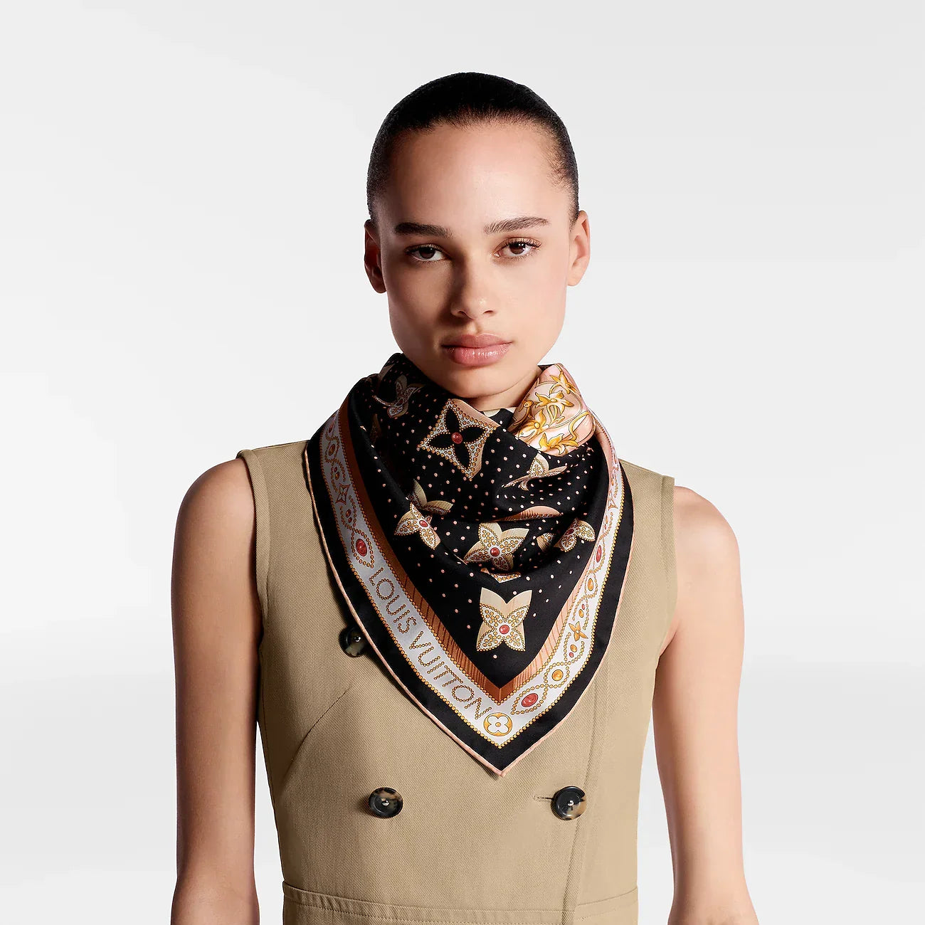 LV Double Sided Scarf 90 Black Beige Colorful Monogram Mulberry Silk 169335