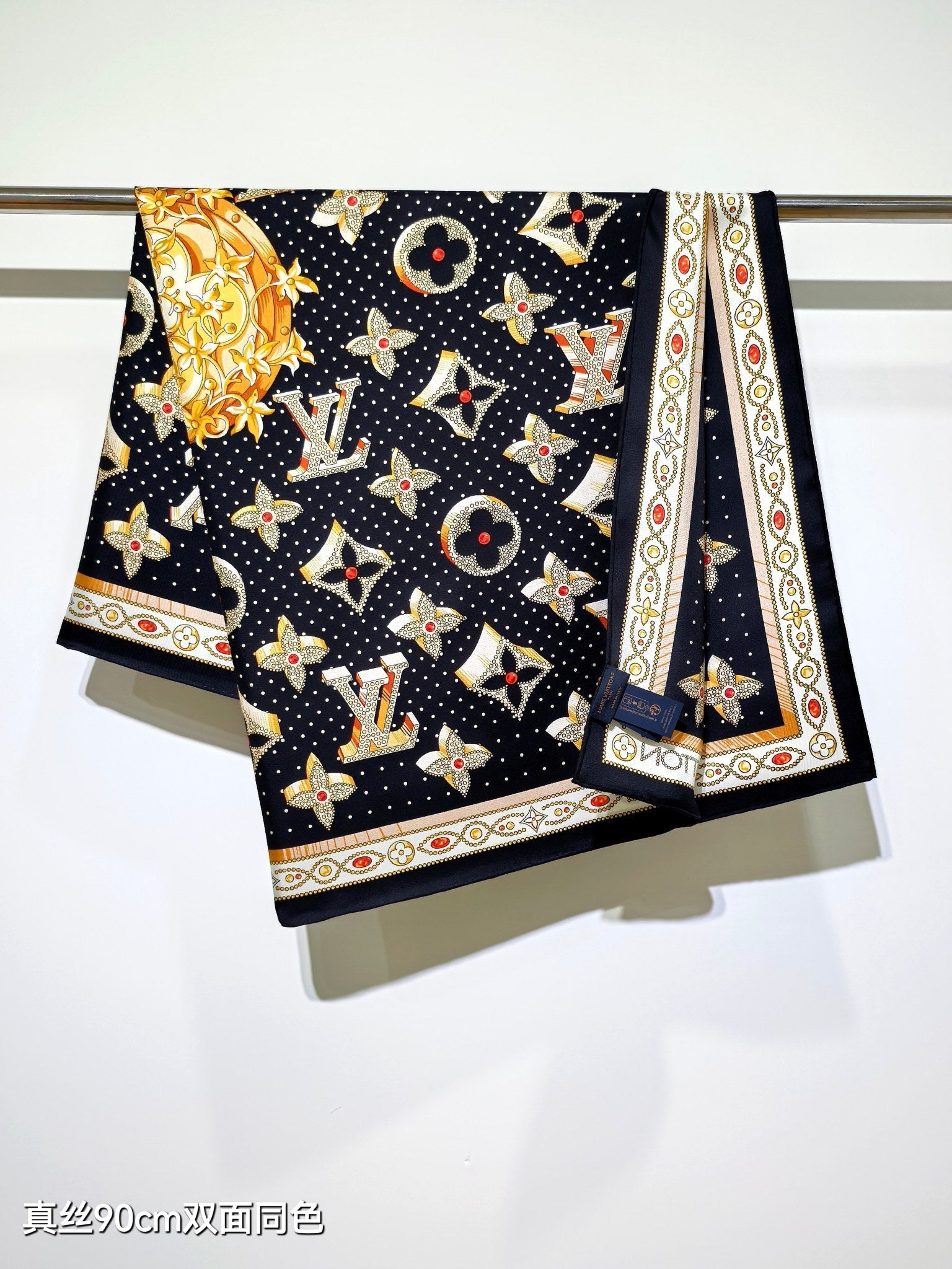 LV Double Sided Scarf 90 Black Beige Colorful Monogram Mulberry Silk 169335
